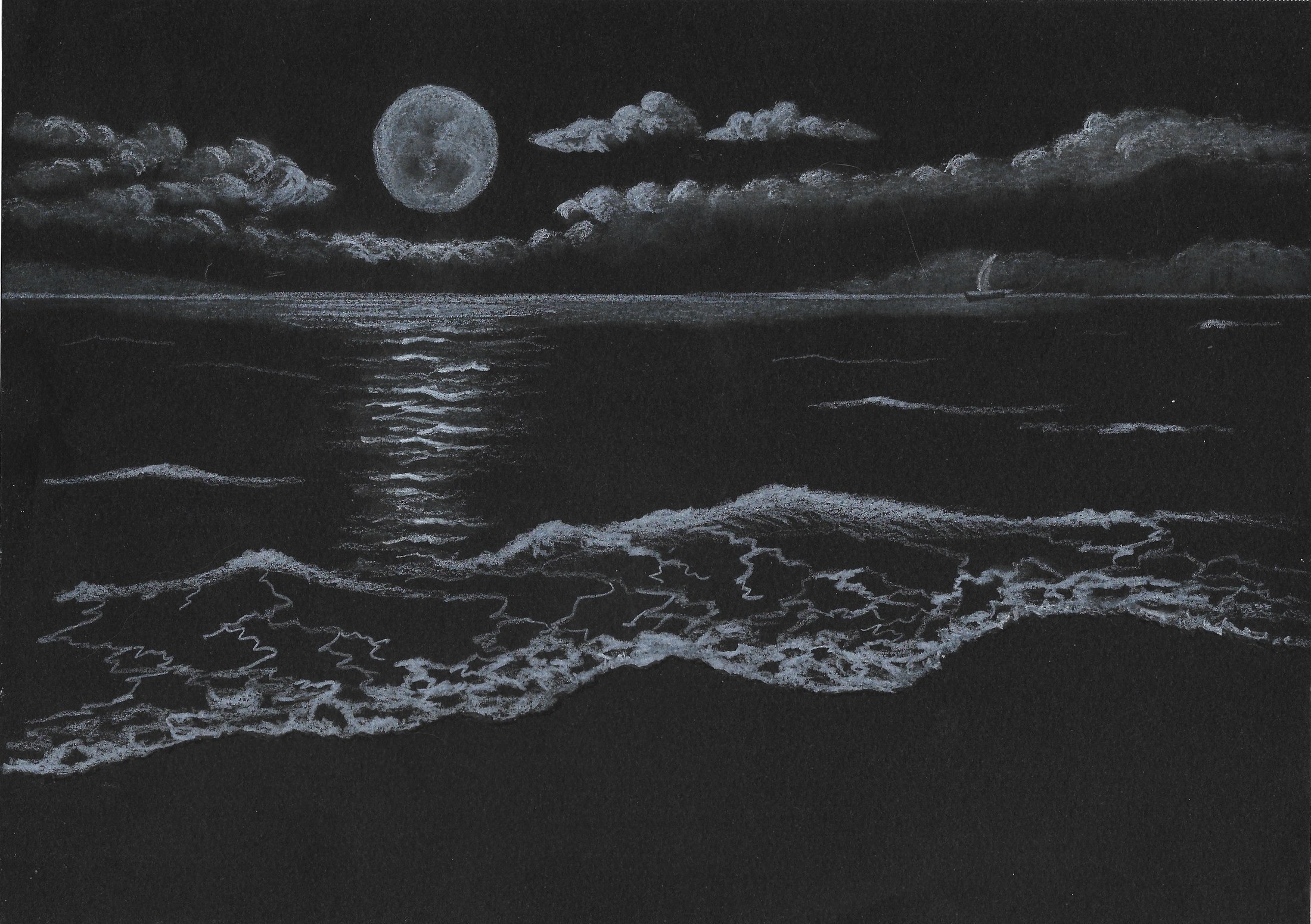 A black chalkboard drawing of a full moon over the ocean, with clouds, a sailboat, and gentle waves.