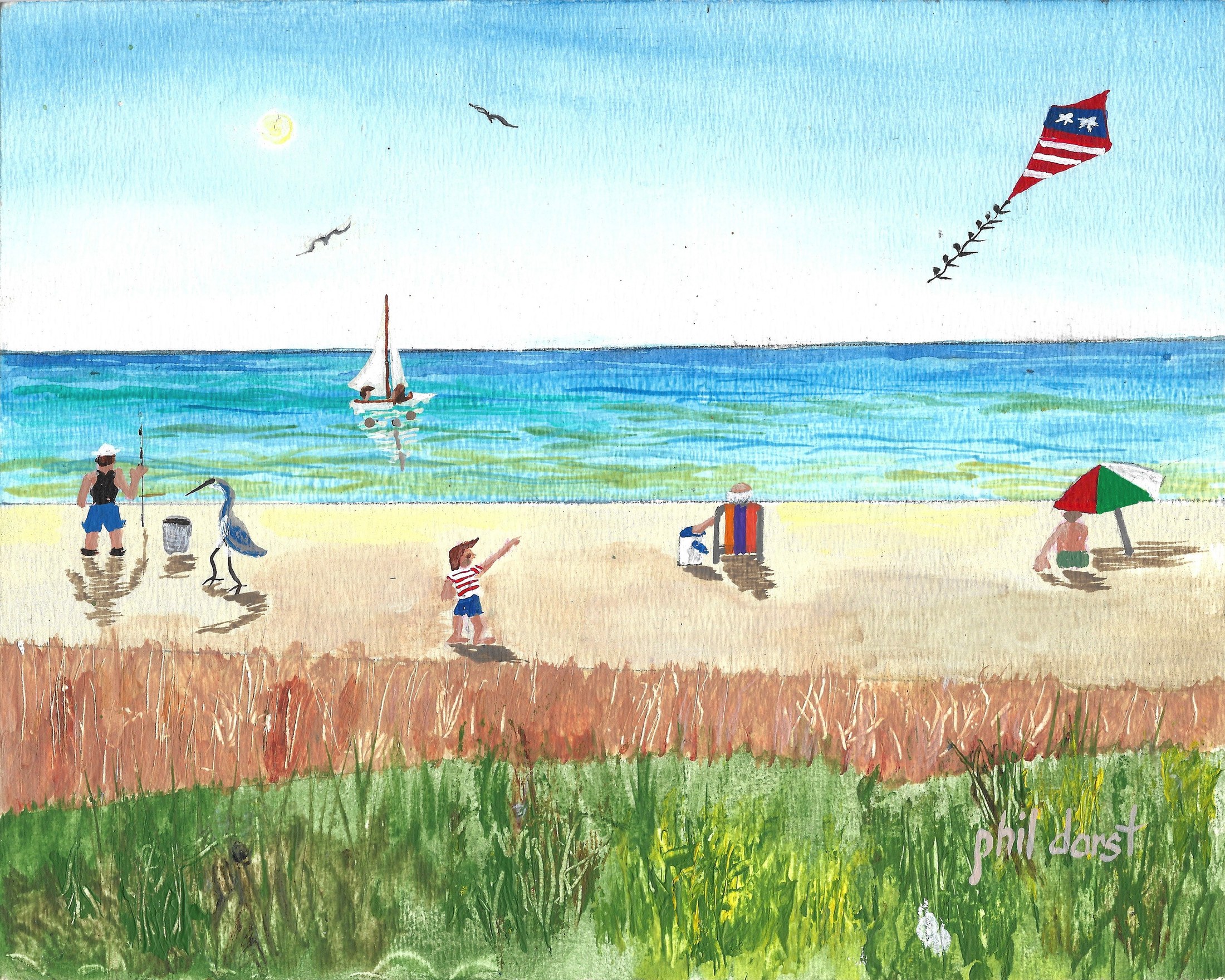 A colorful watercolor painting of a beach scene with children and adults, a sailboat on the water, and a couple of flying kites in the sky, featuring a grassy foreground and a bright sky.