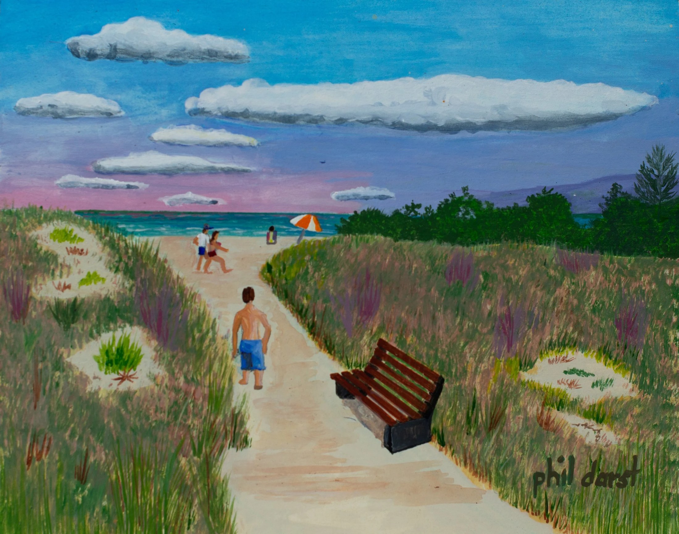 A colorful painting of a beach scene with a pathway leading to the shoreline. There are sandy dunes with green and purple vegetation, a wooden bench on the right side, and people enjoying the beach. The sky has blue and pink hues with large white and gray clouds, and the ocean is in the background.