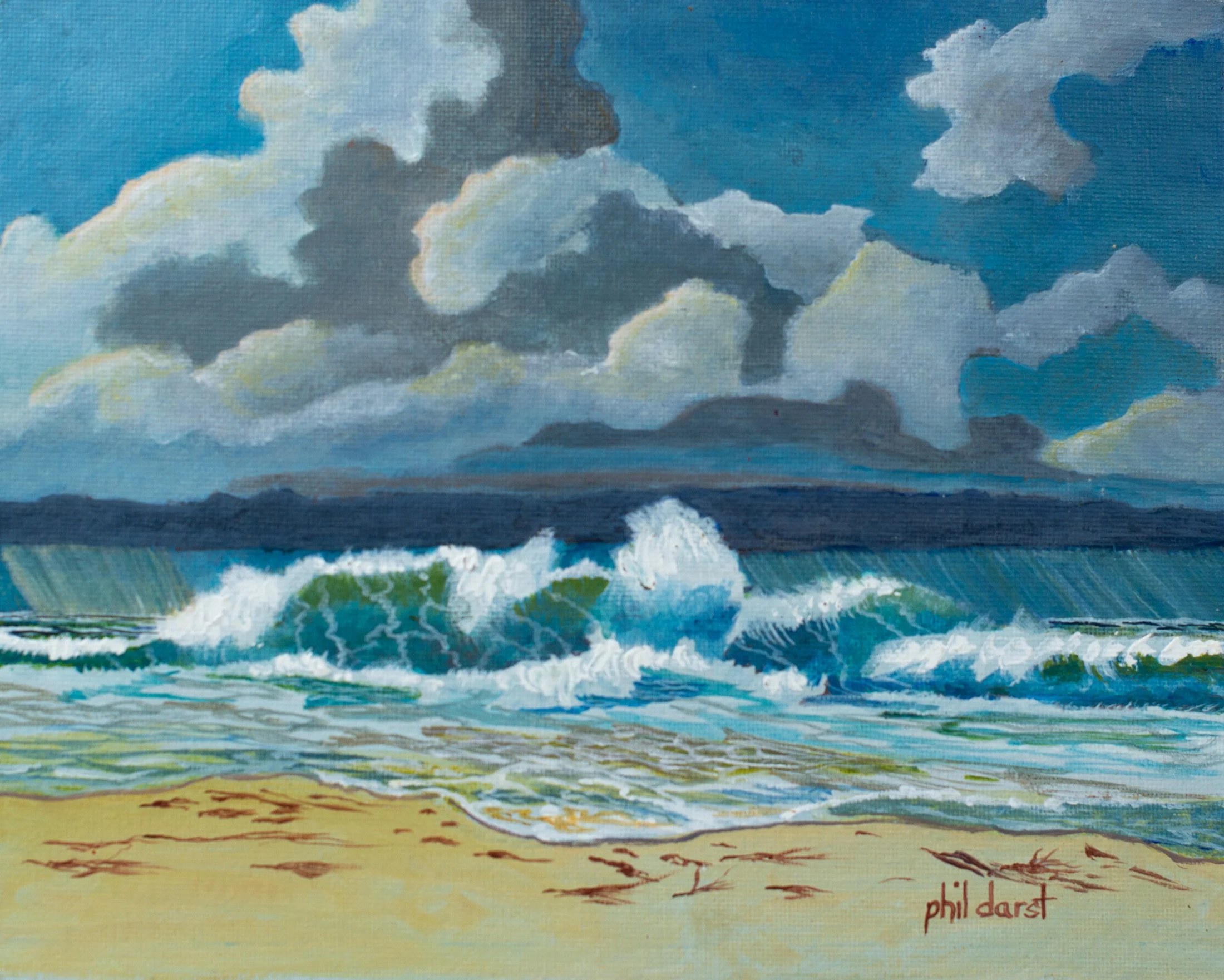 Painting of a beach scene with waves crashing on the shore and a cloudy sky in the background. Signature 'phil darst' visible in the lower right corner.
