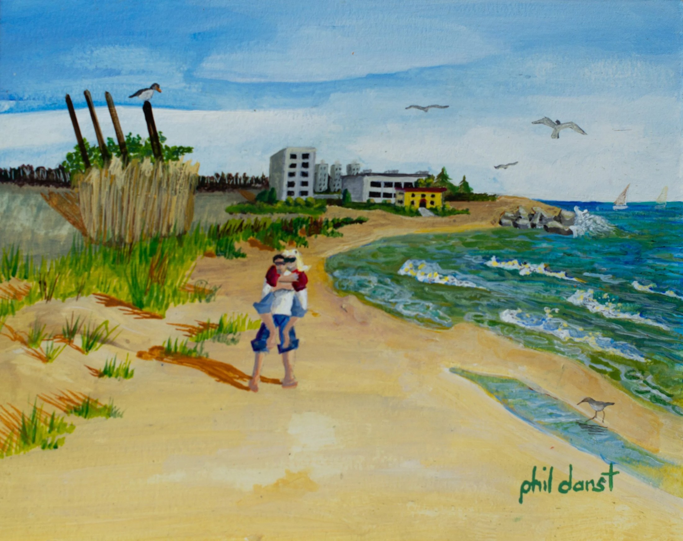 A painting of a beach scene with a boy and girl embracing, seagulls flying overhead, buildings along the coast, sailboats on the water, and grassy dunes in the foreground. Signature 'phil danst' at the bottom right.