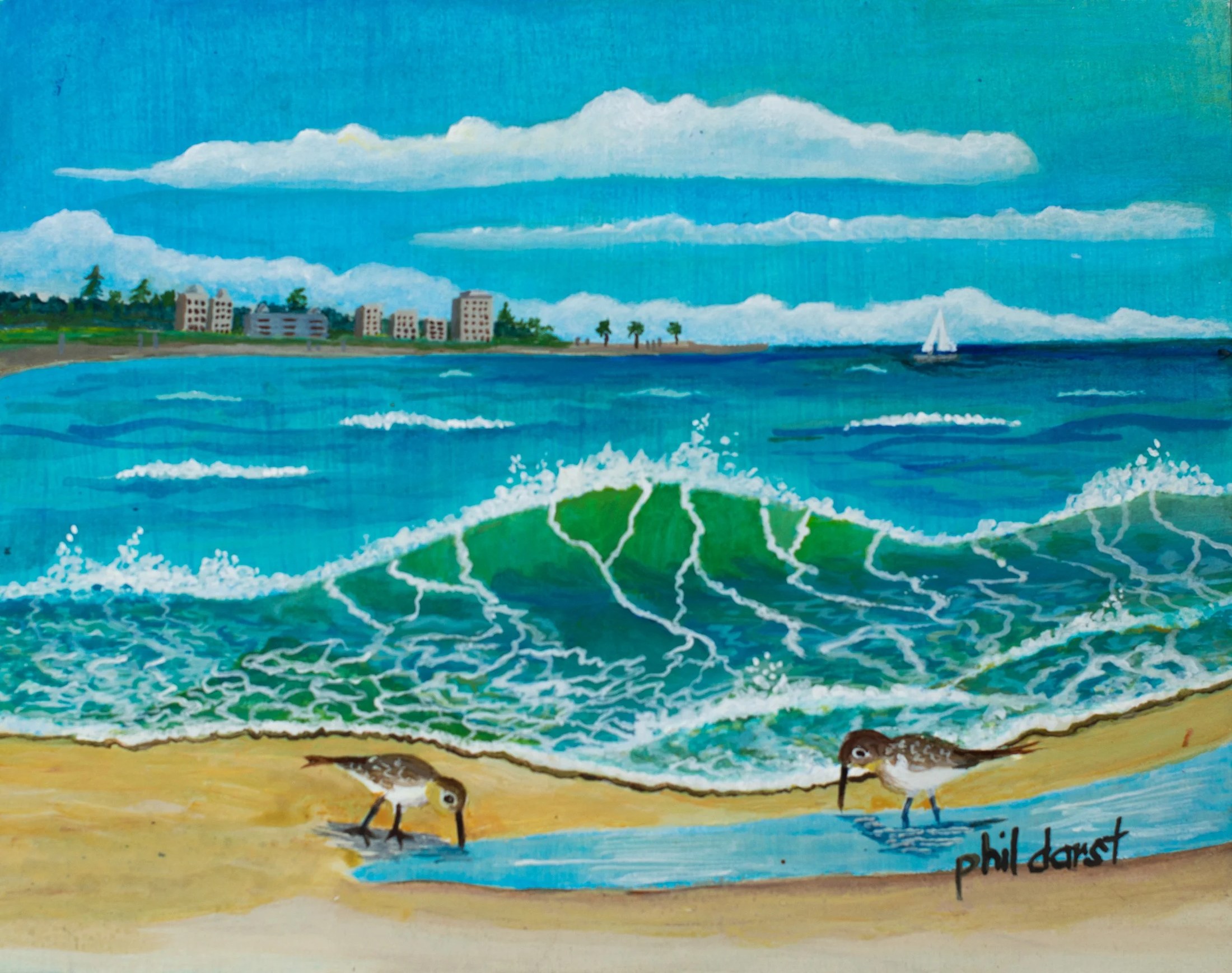 Painting of a beach scene with blue ocean waves, two small shorebirds, a city skyline with palm trees in the background, and a sailboat on the water under a partly cloudy sky.