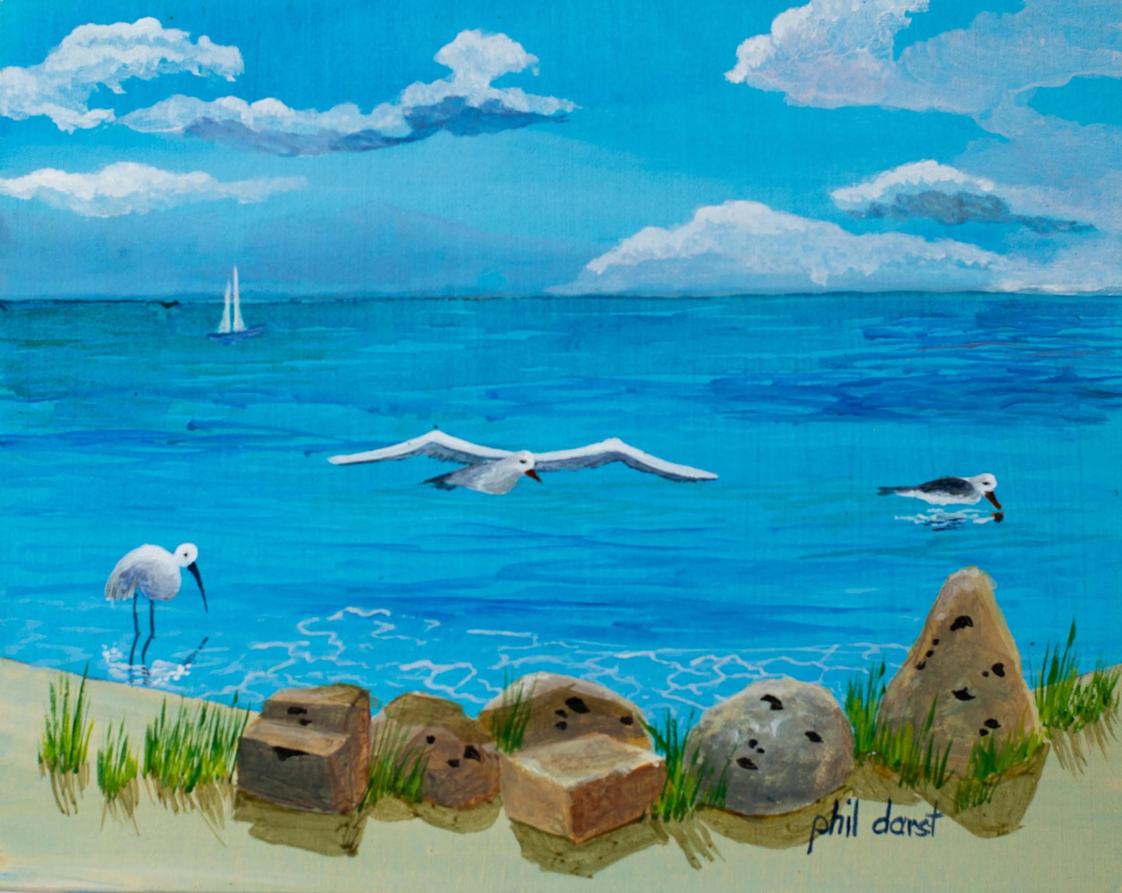 Painting of a seascape with a bright blue sky, white clouds, and three seagulls near rocks on the shore, with a sailboat in the distance.