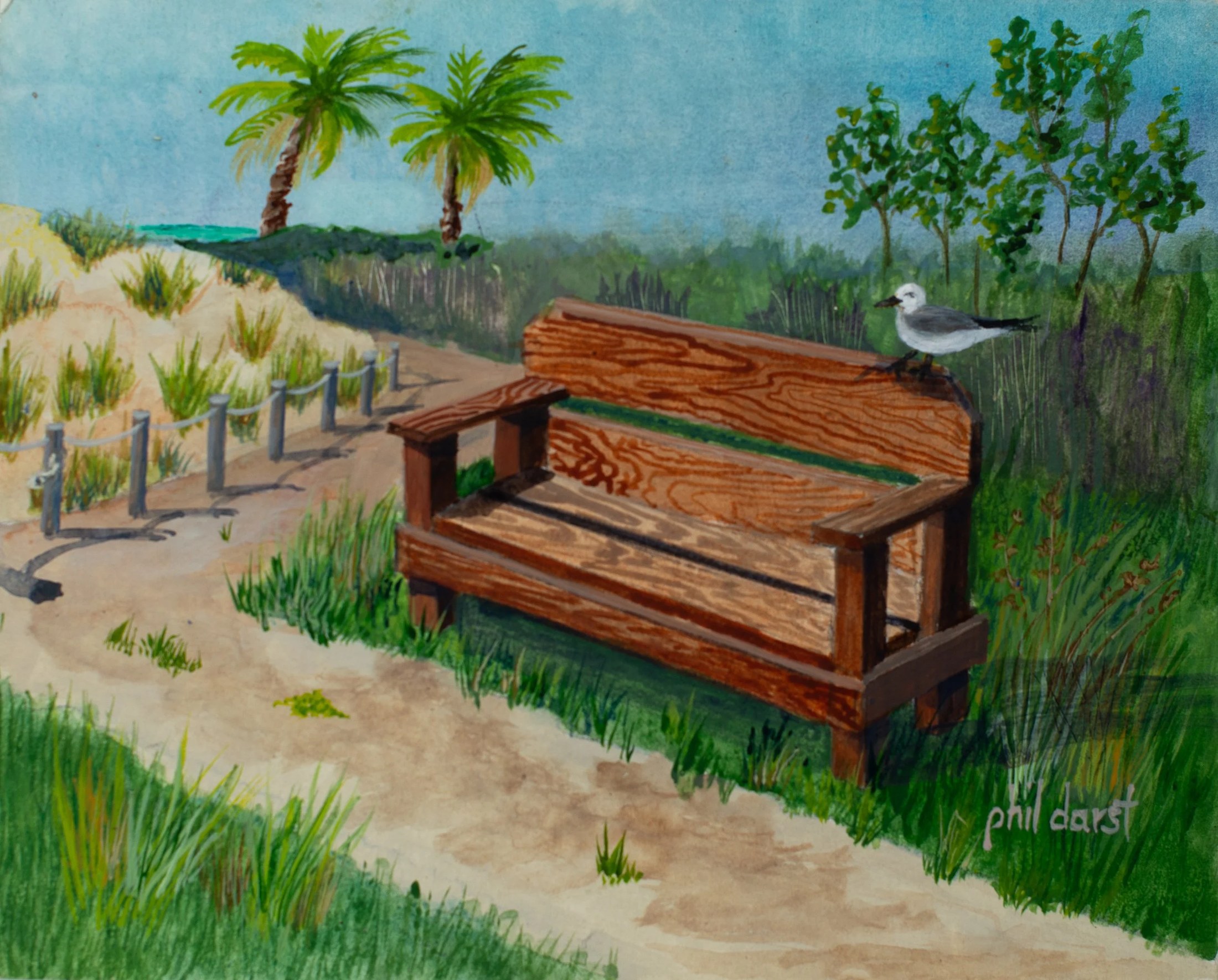A painted landscape scene featuring a wooden bench with a seagull perched on top, surrounded by green bushes, trees, and a sandy pathway leading to a beach with two palm trees in the background.
