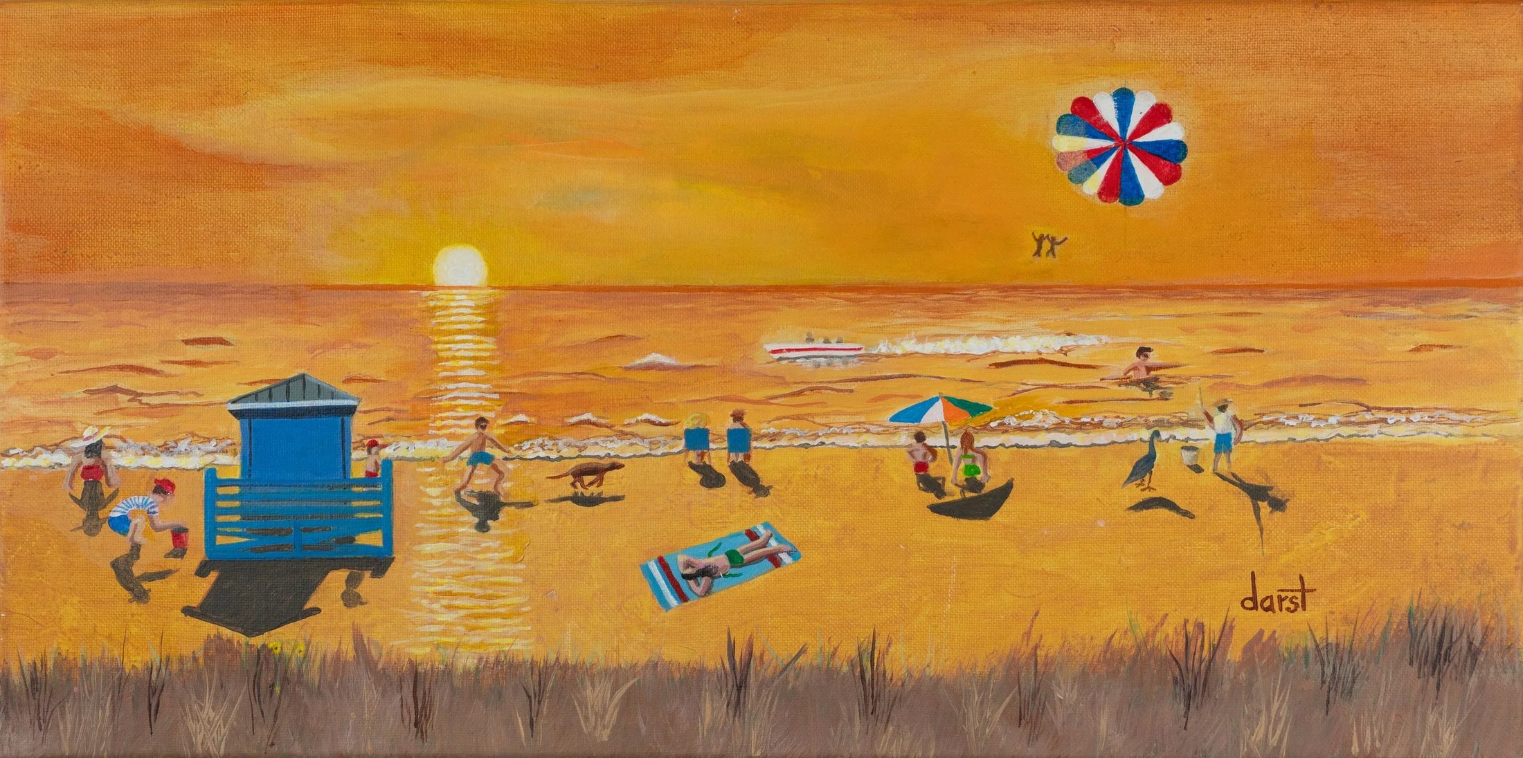 A colorful painting of a sunset at the beach with people swimming, playing, and relaxing, and a beach chair and umbrella in the sand.