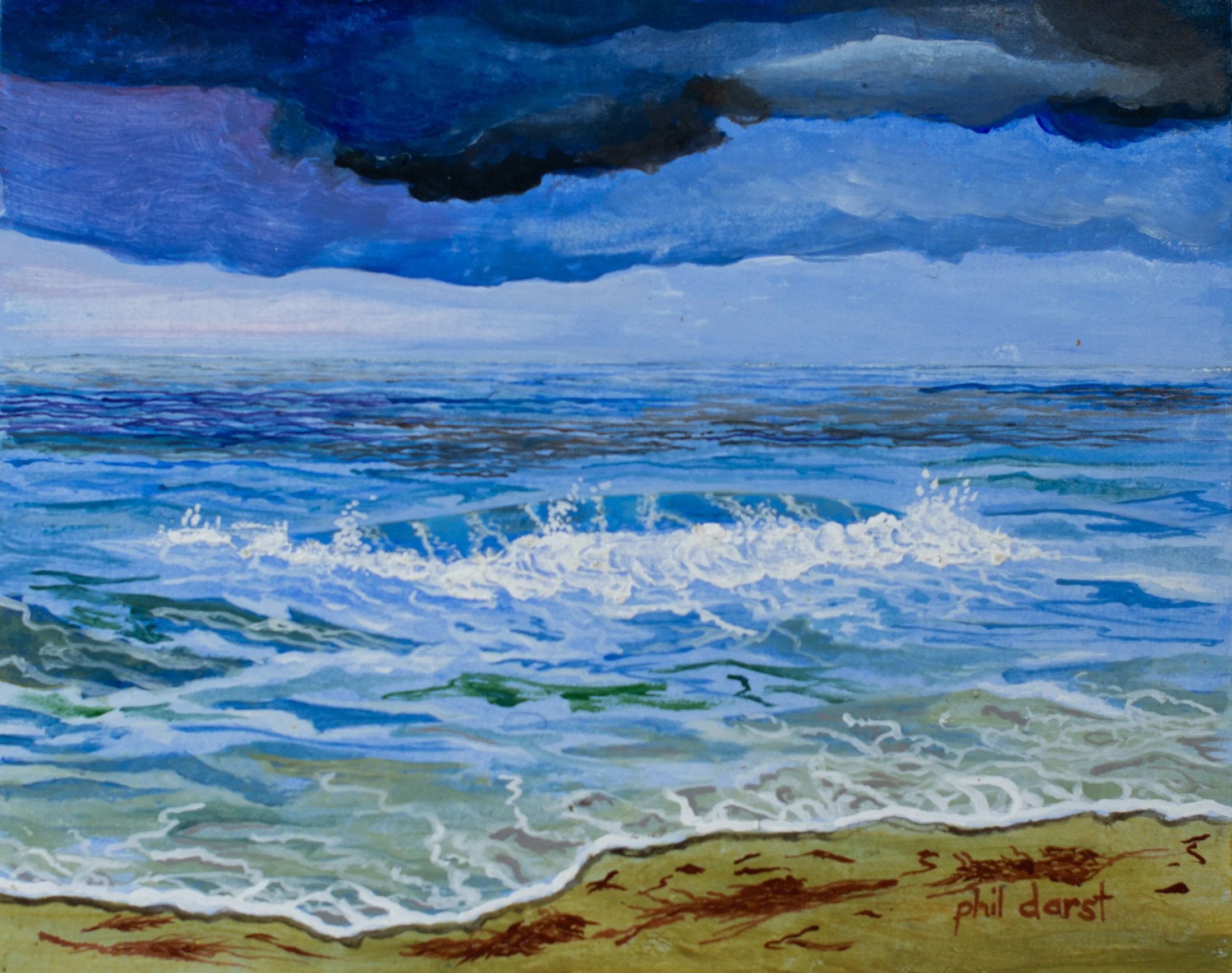 A watercolor painting of a beach scene with dark storm clouds overhead. Waves crash onto the sandy shore, and the ocean extends to the horizon. The artist's signature, Phil Darst, is at the bottom right.