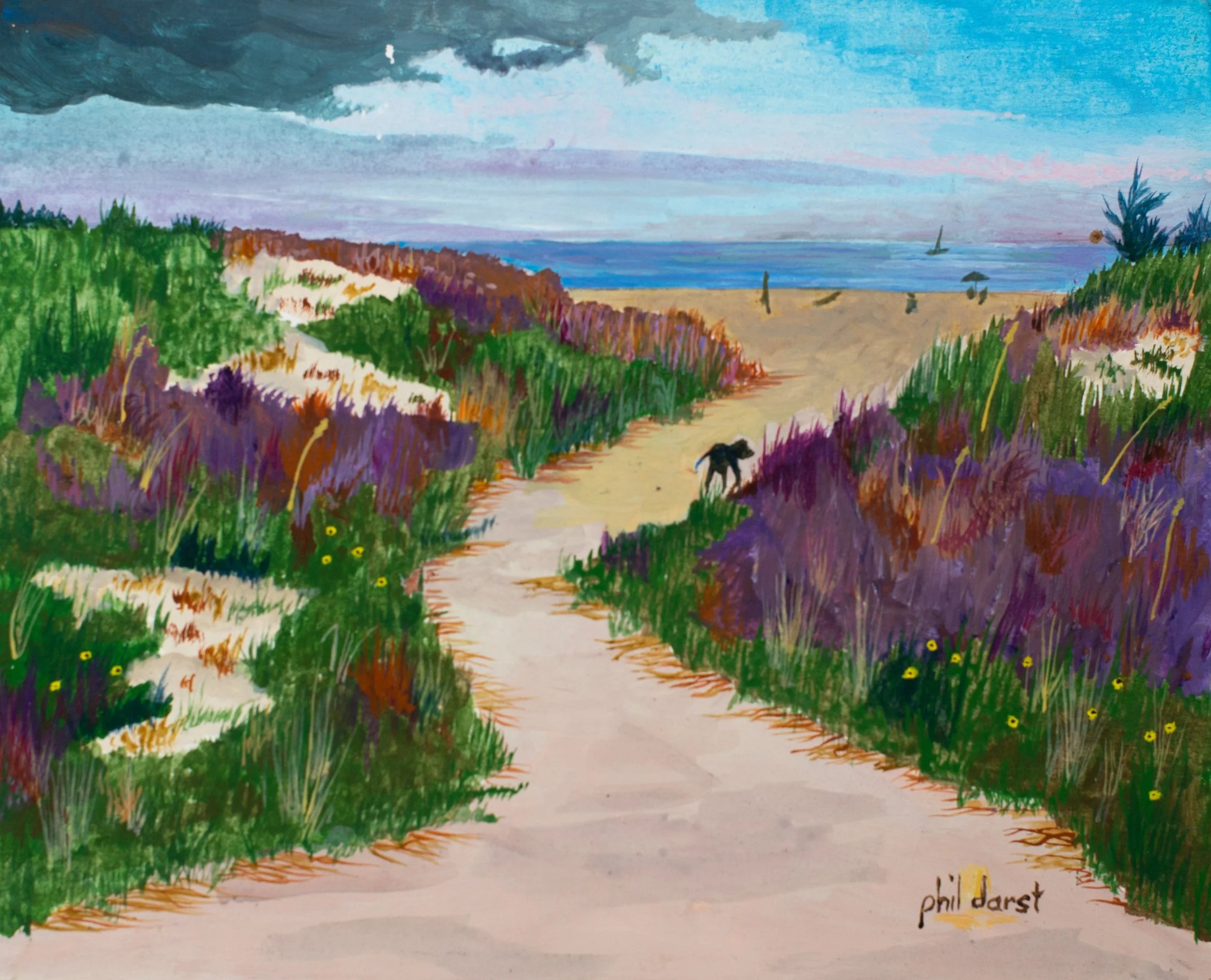 A colorful painting of a sandy beach path flanked by tall purple and green bushes, leading to the ocean with sailboats in the distance, under a partly cloudy sky.