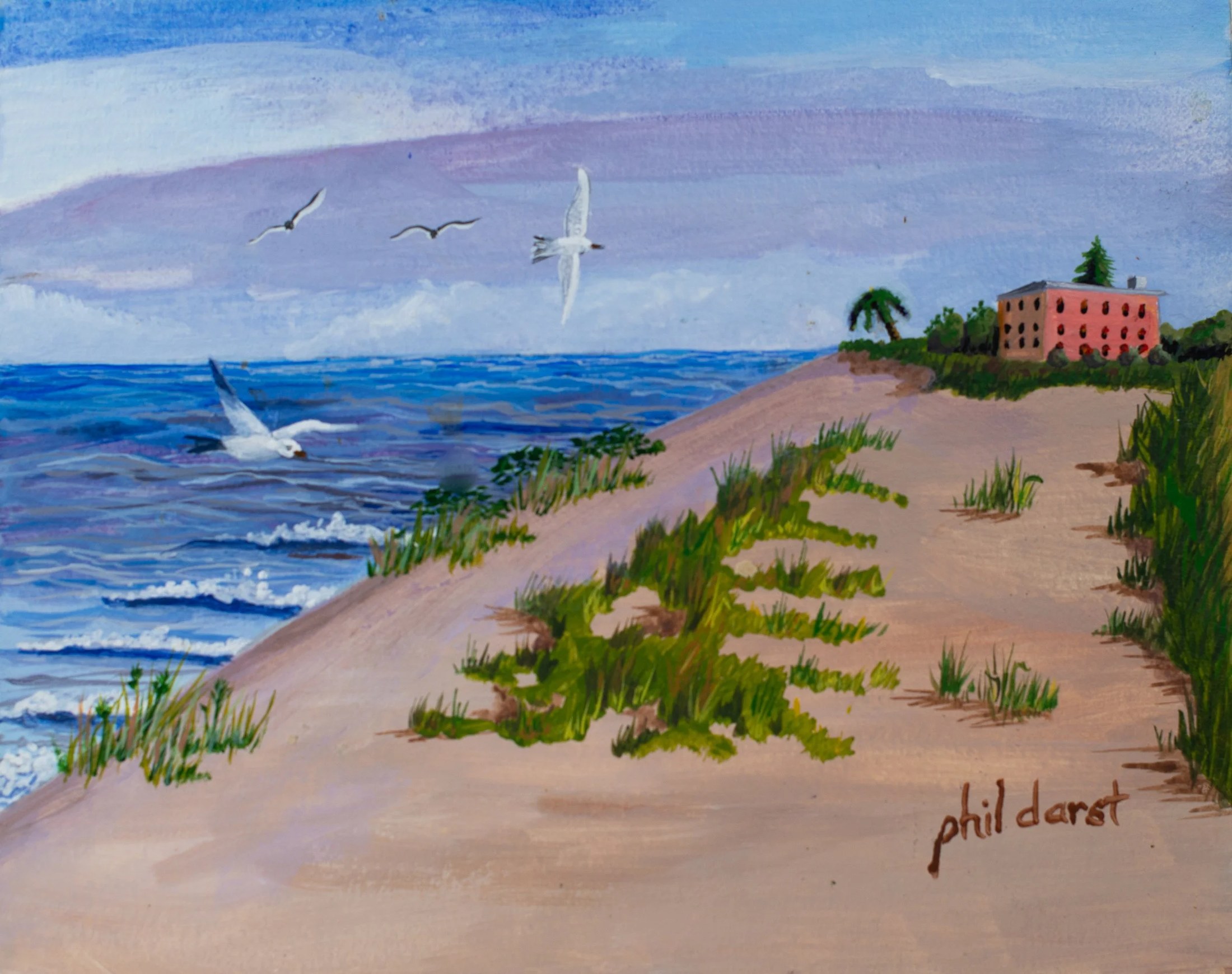 Painting of a beach scene with sand dunes, green plants, and a pink building on top. Seagulls flying in the sky and over the ocean.