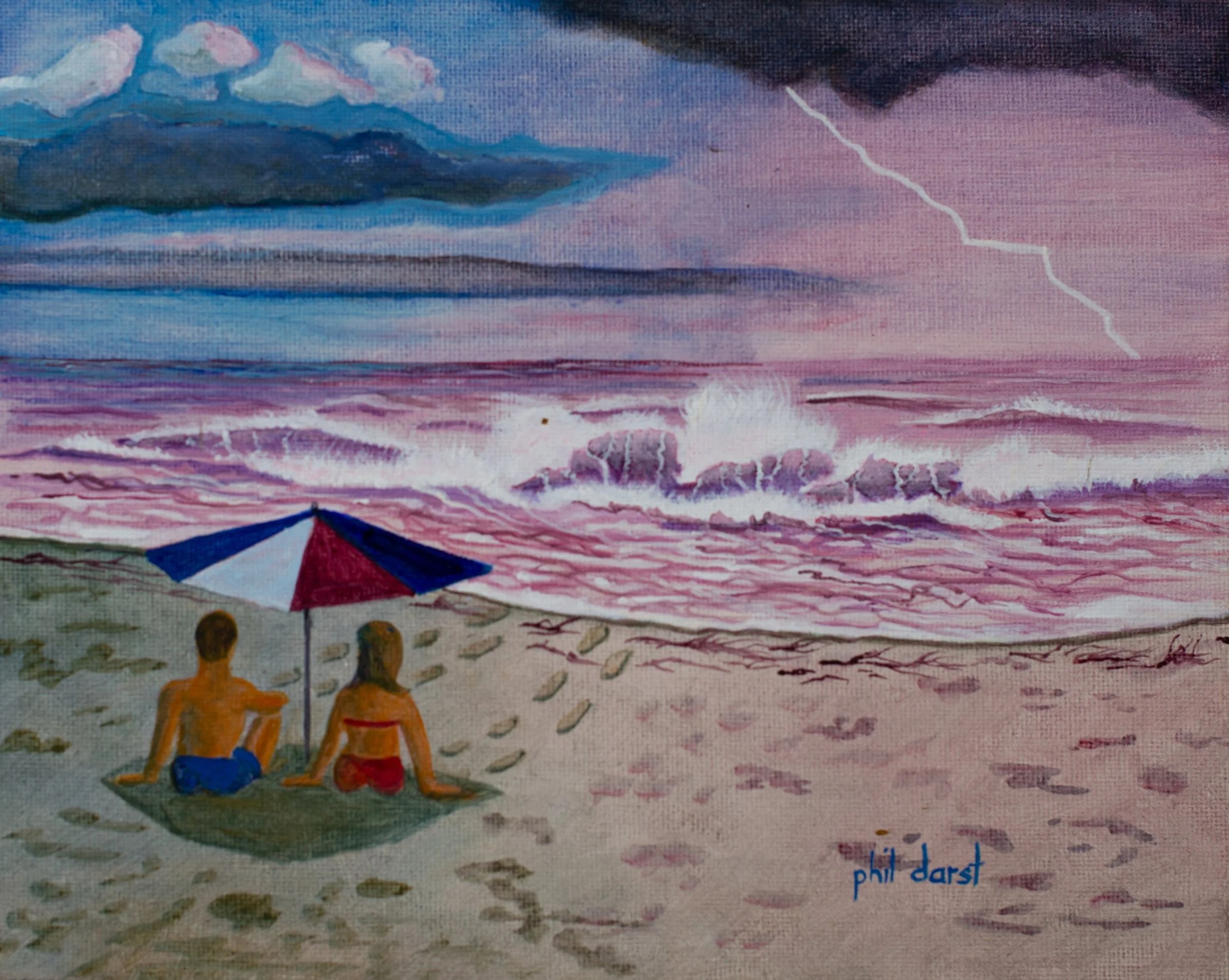 Painting of two people sitting on a beach under a beach umbrella, looking at ocean waves and a sky with clouds, lightning, and sunset colors.