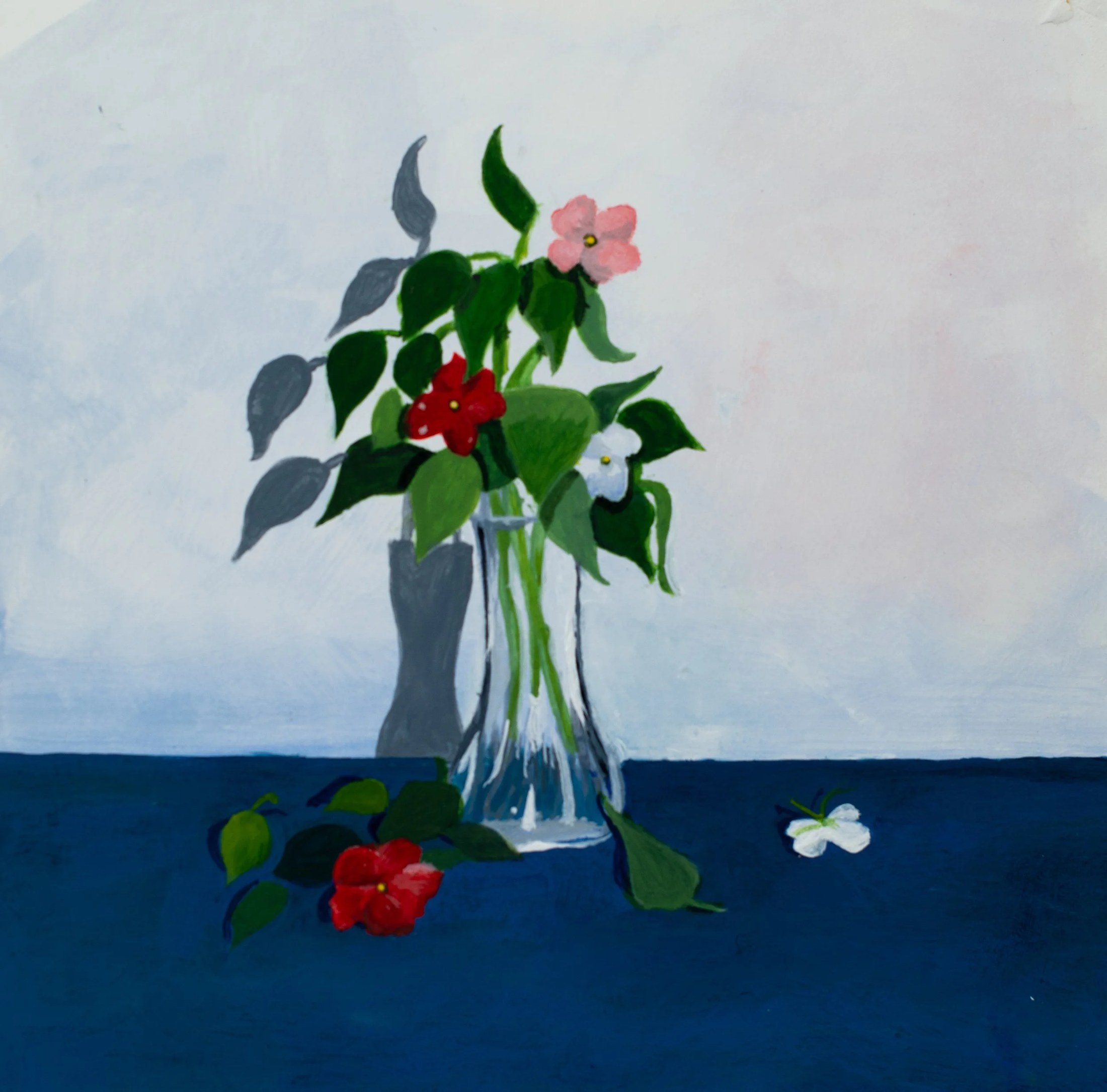 Painting of a glass vase with pink, red, and white flowers and green leaves, placed on a blue surface with a plain background.