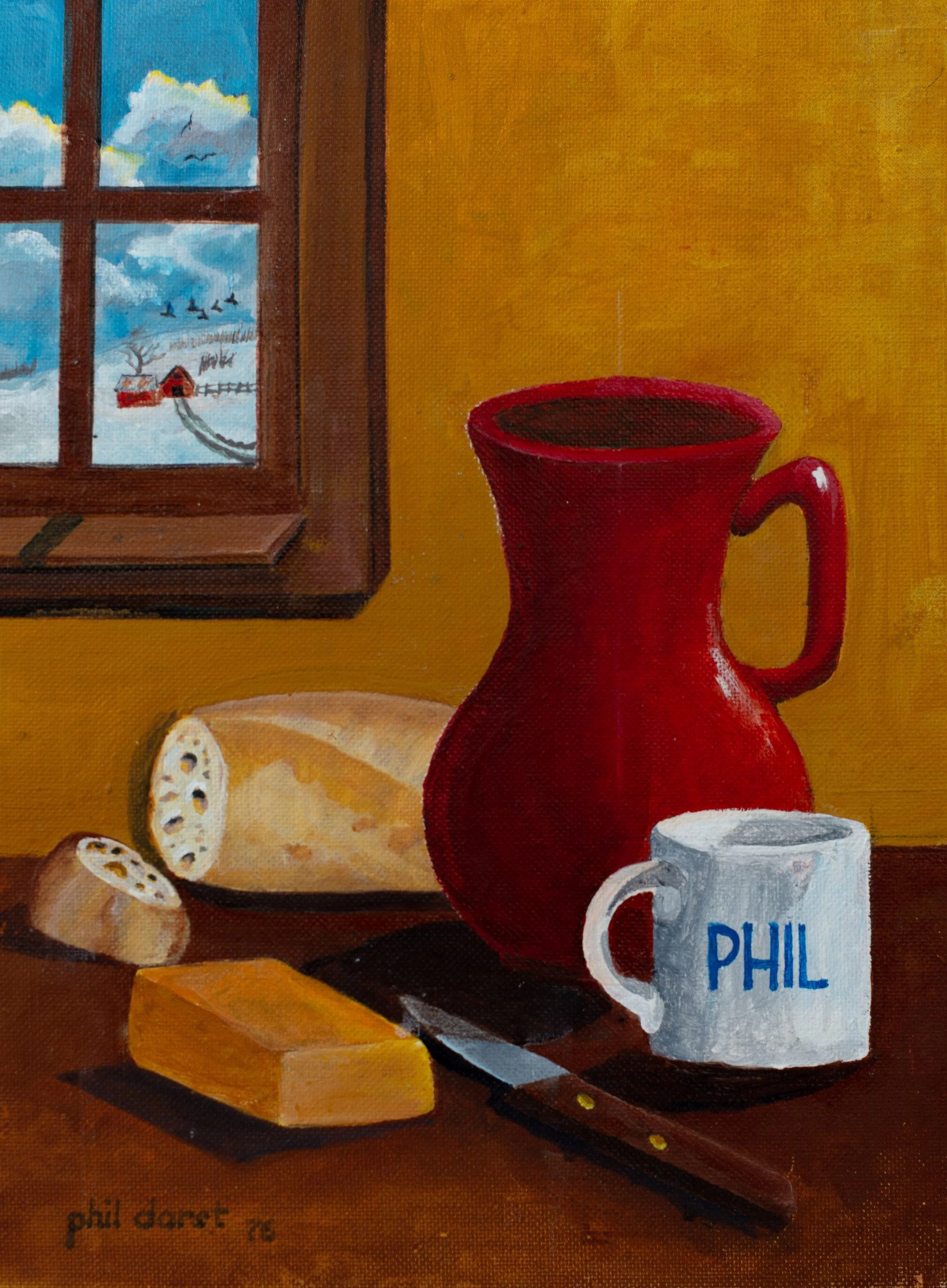 A painting of a still life kitchen scene with a red pitcher, a white mug with 'PHIL' written on it, a block of cheese, bread, a knife, and slices of bread on a wooden table. There is a window showing a snowy landscape with a red barn, a fence, trees, and birds in the sky.