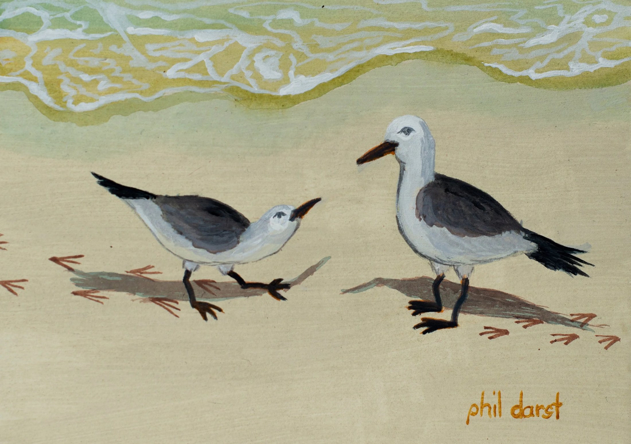 Painting of two seagulls on a beach with ocean waves in the background. One seagull is standing while the other is leaning forward. The artist's signature, 'phil dargt,' is at the bottom right corner.