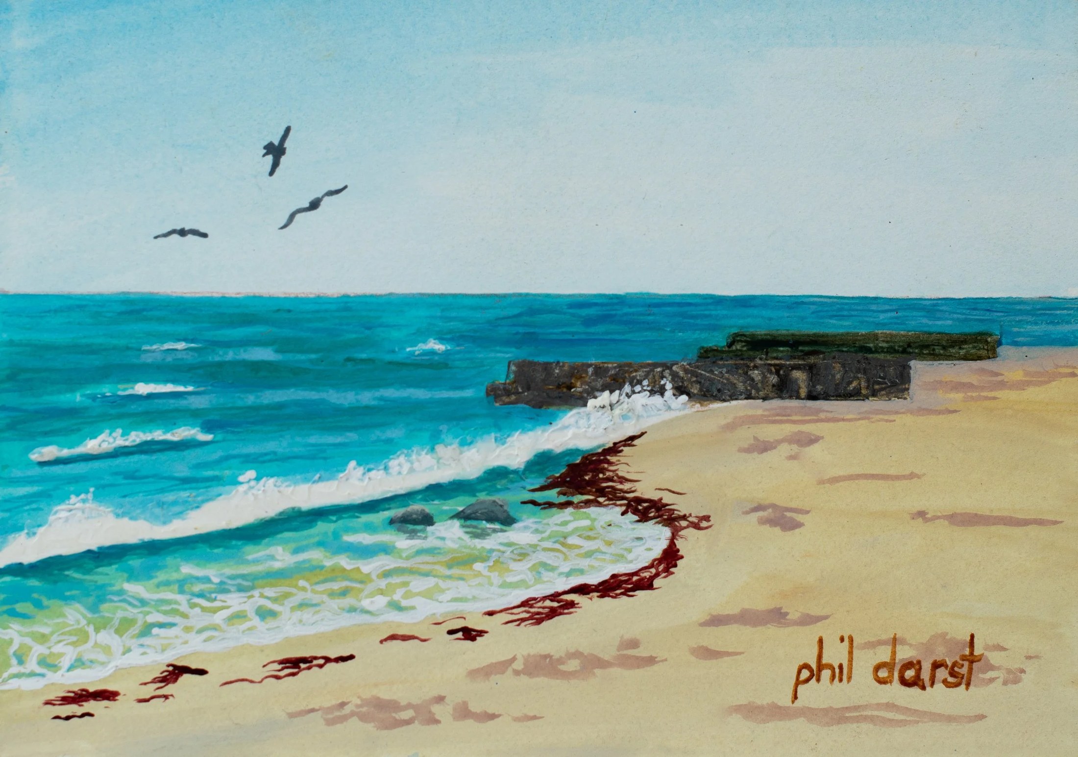 A watercolor painting of a beach scene with blue ocean waves, a light sky, seagulls flying, rocky outcrop, and sandy shore with seaweed. The artist's signature, 'phil darest,' is in the bottom right corner.