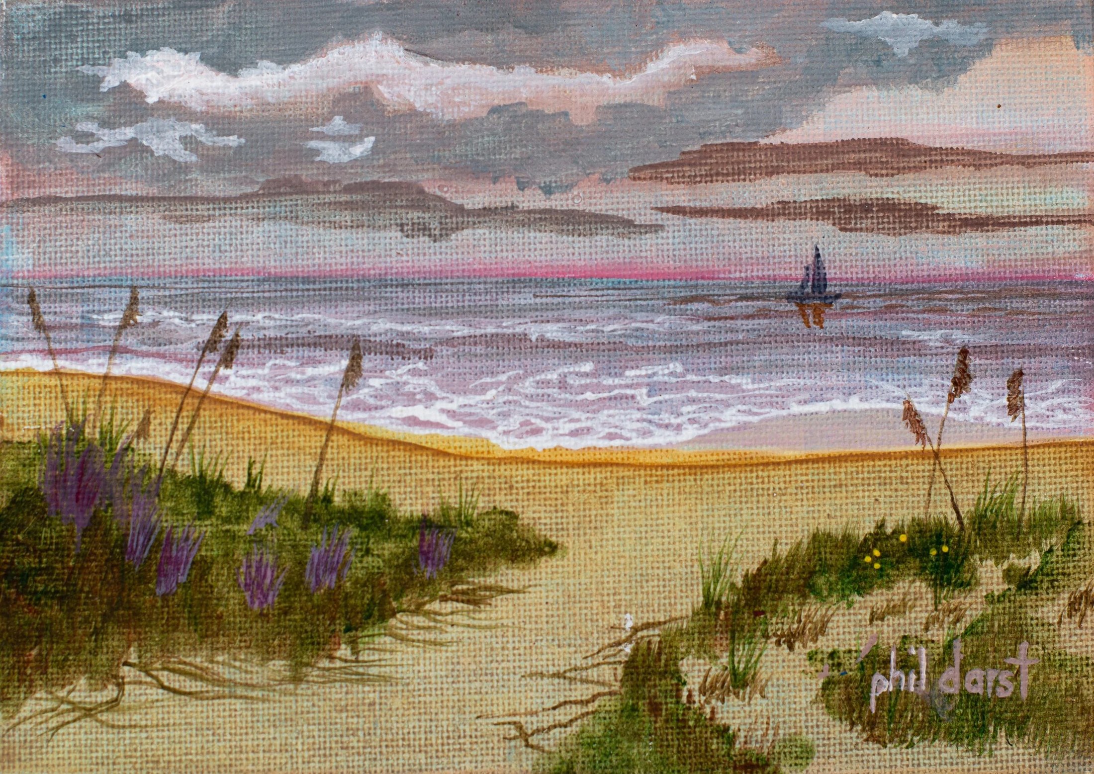 Painting of a beach scene at sunset with grasses in the foreground, sandy dunes, waves, and a sailboat on the ocean, with clouds in the sky.