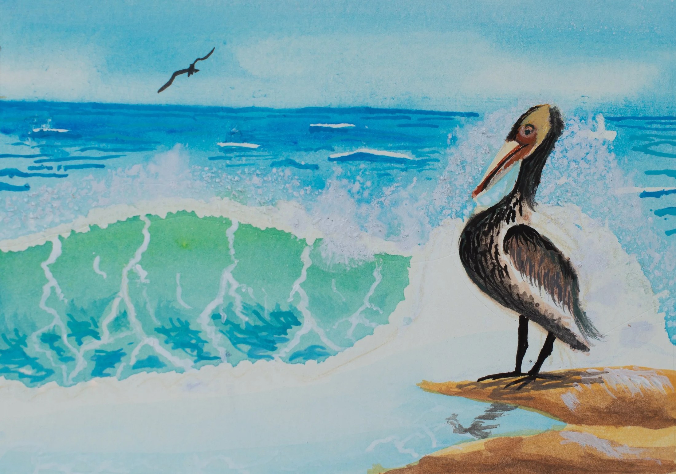 Painting of a beach scene with a pelican standing on a rock near the shore, ocean waves in the background, and a flying seagull in the sky.