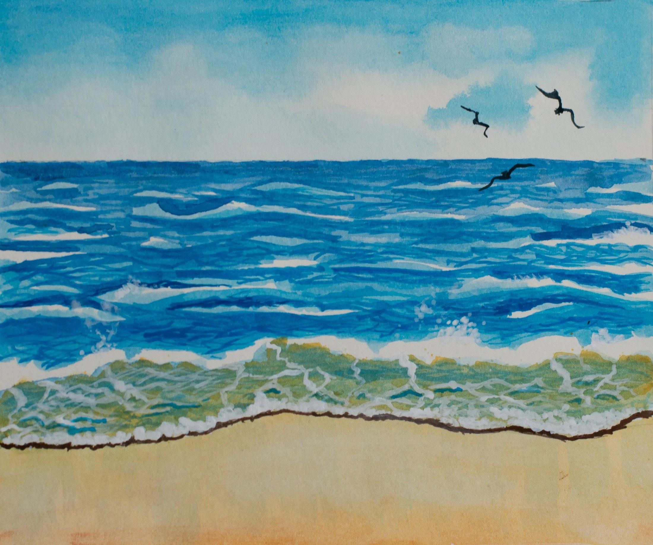 Watercolor painting of a beach scene with blue ocean waves, a sandy shore, and four flying birds in the sky.