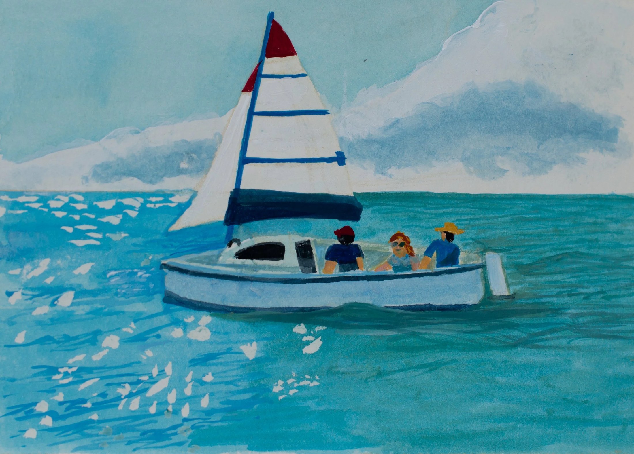 Painting of three people on a sailboat on the ocean under a partly cloudy sky.