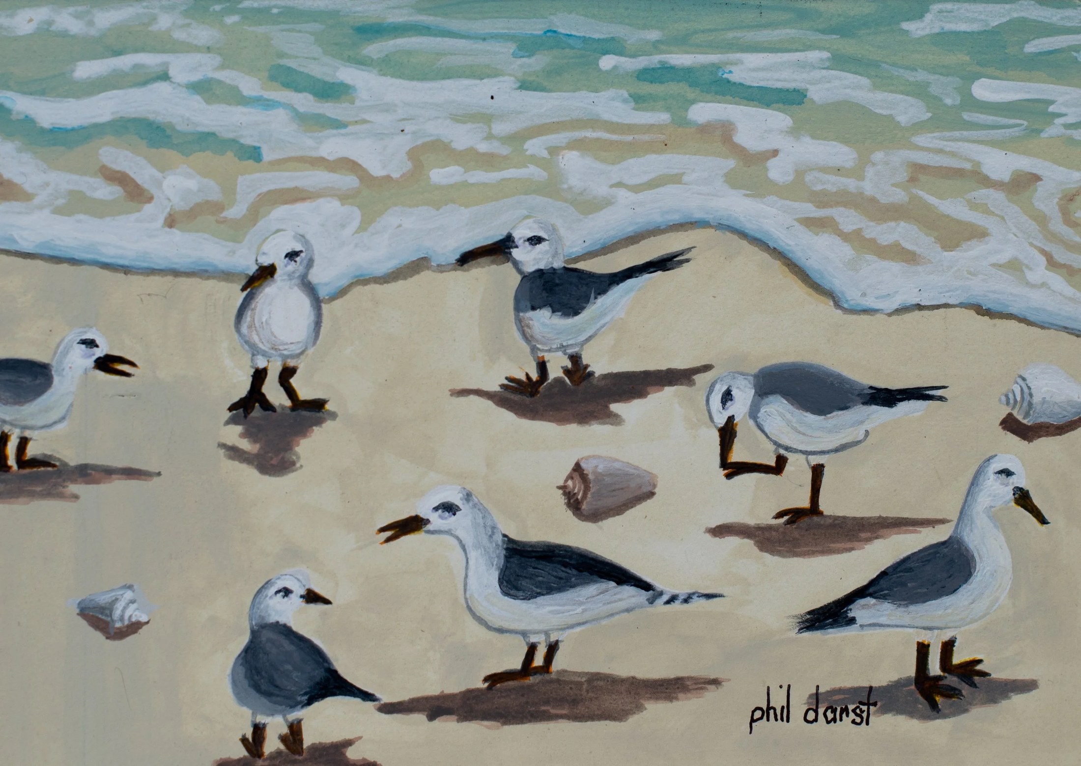 Painted illustration of seagulls on a sandy beach near the ocean, with waves in the background, signed 'phil danst'.