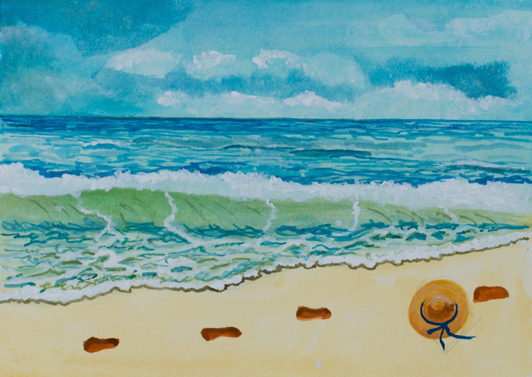 A watercolor painting of a beach scene with a blue sky, ocean waves, light sandy shore, and a straw hat with a blue ribbon lying on the sand.