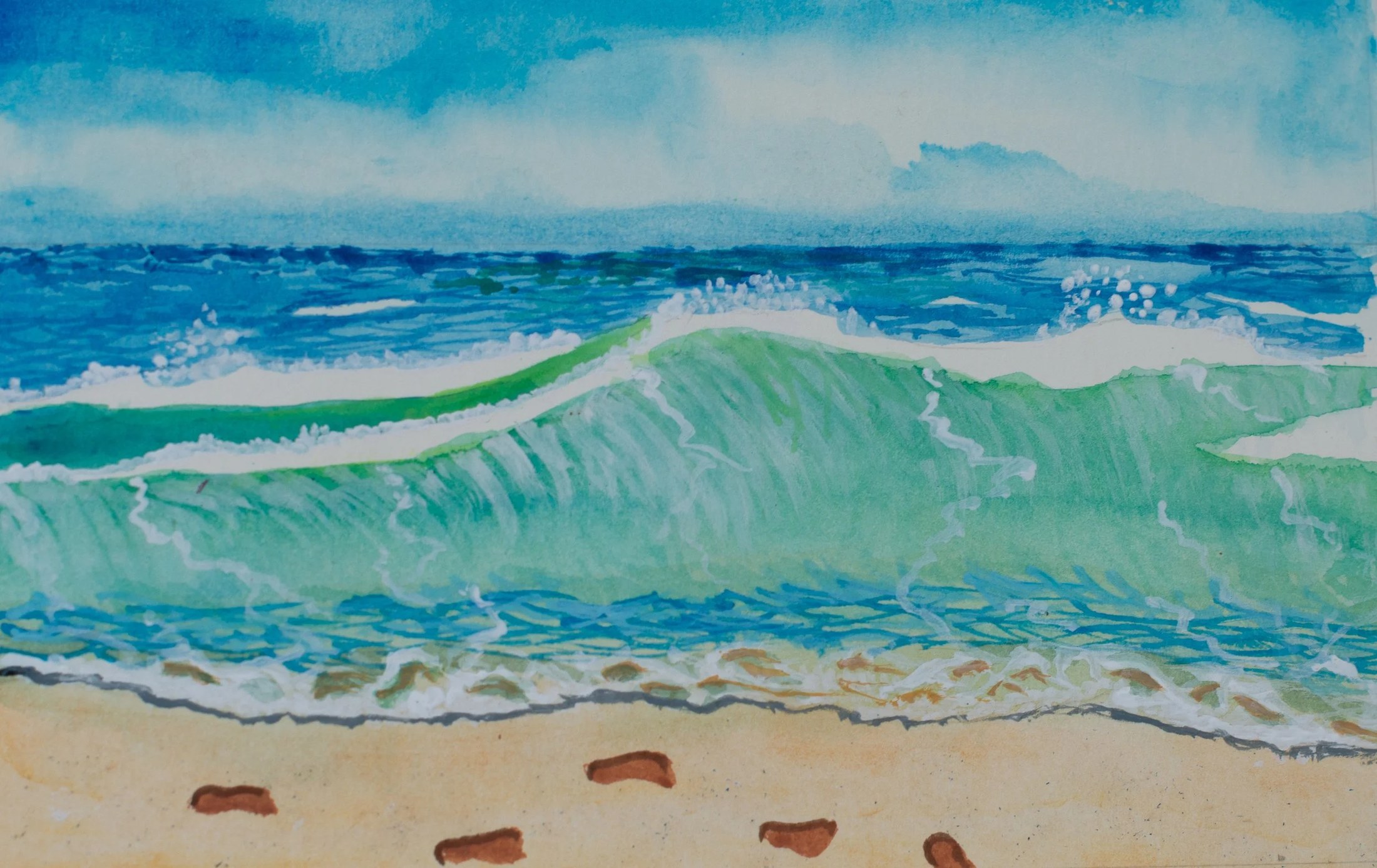 Watercolor painting of ocean waves crashing onto a sandy beach with footprints.
