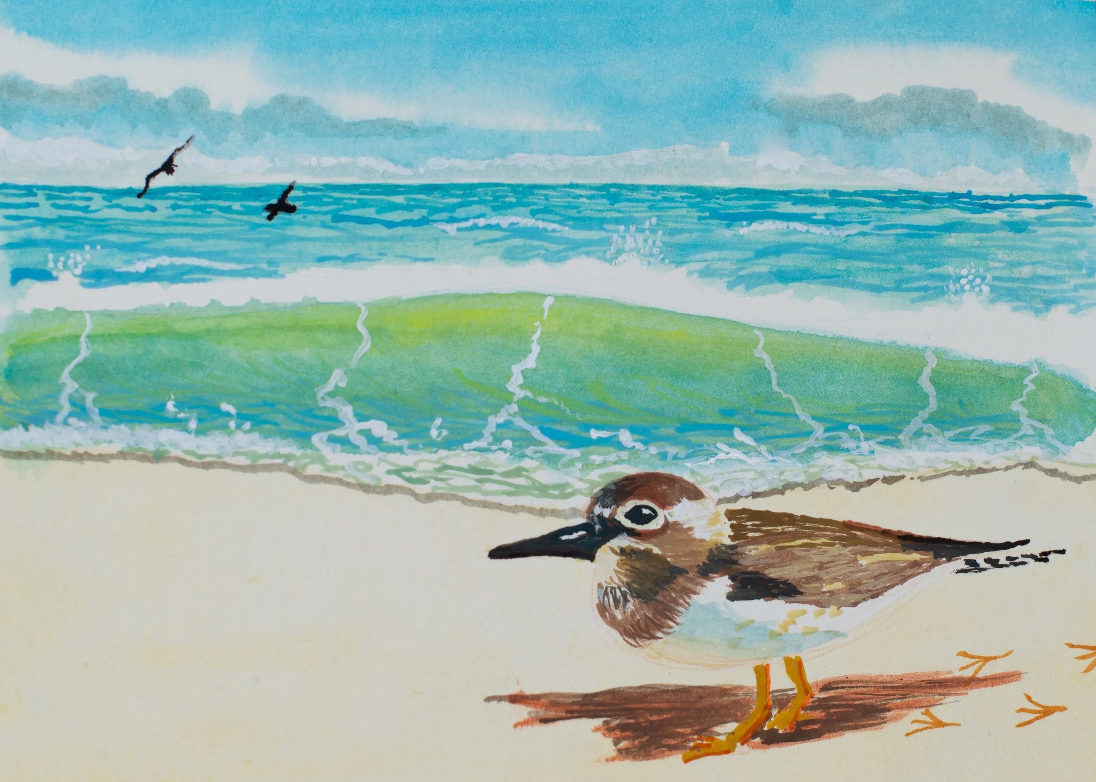 A watercolor painting of a seaside scene with waves hitting the sandy shore, two seagulls flying in the sky, and a small bird with brown and white feathers standing on the beach.