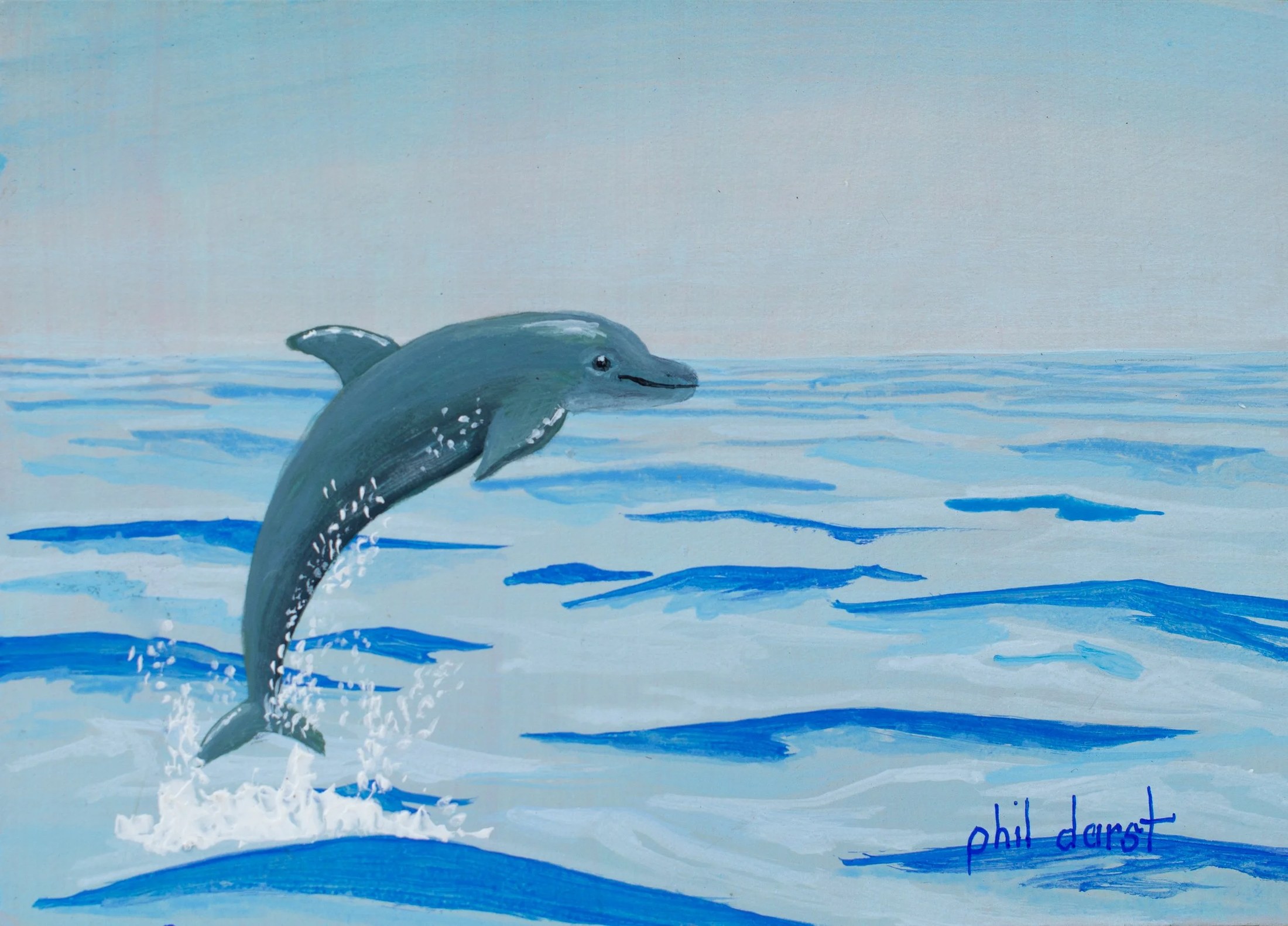 A painting of a dolphin jumping out of the ocean with blue waves and sky in the background. The artist's signature, 'phil darst,' is in the bottom right corner.