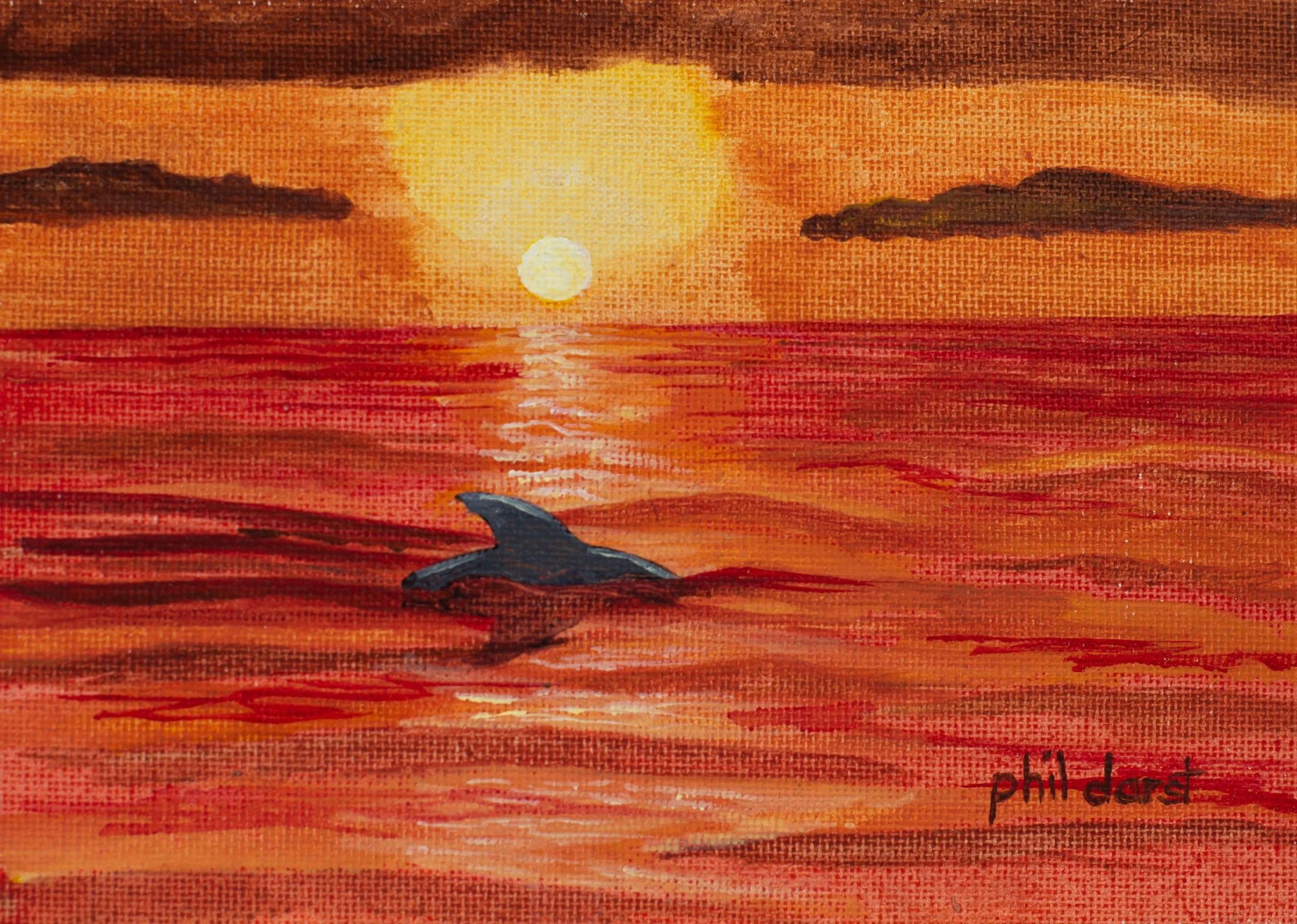 Painting of a sunset over the ocean with a dolphin swimming in the water, signature 'phil darst' at bottom right. (This painting was sold.)