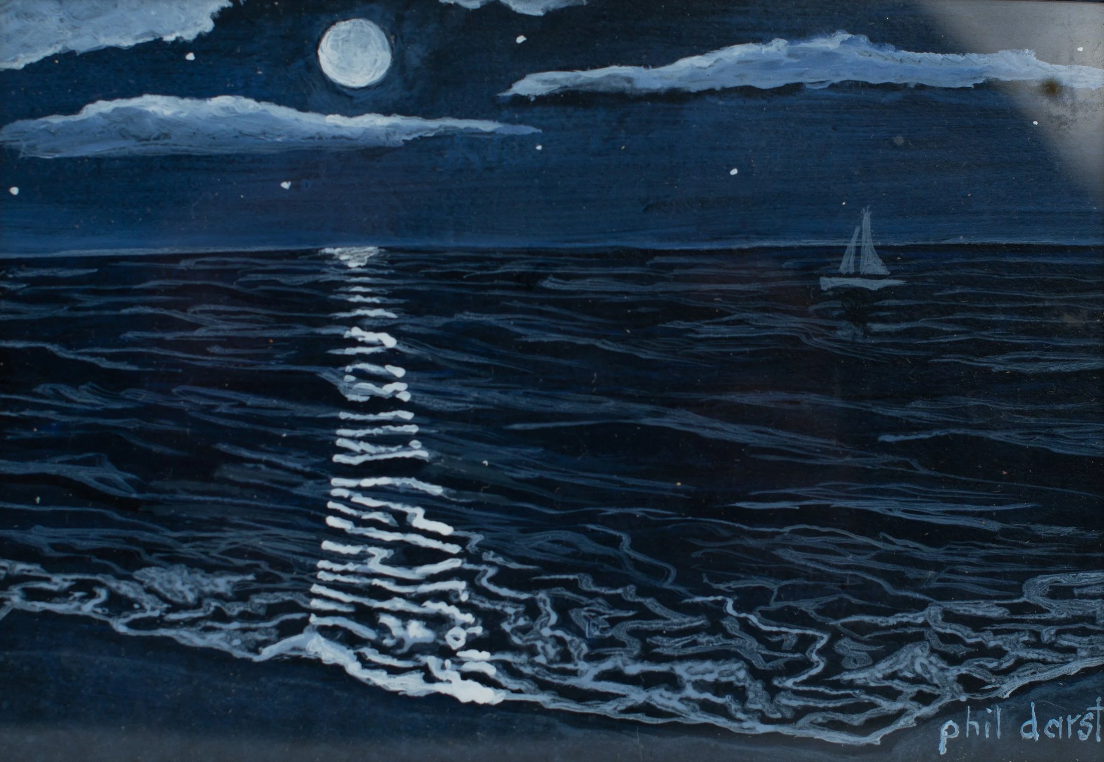 Painting of a moonlit ocean scene with a full moon, clouds, and a sailboat in the distance. Reflection of the moon on the water with waves lapping on the sand. Artist signature 'phil darst' in the bottom right corner.