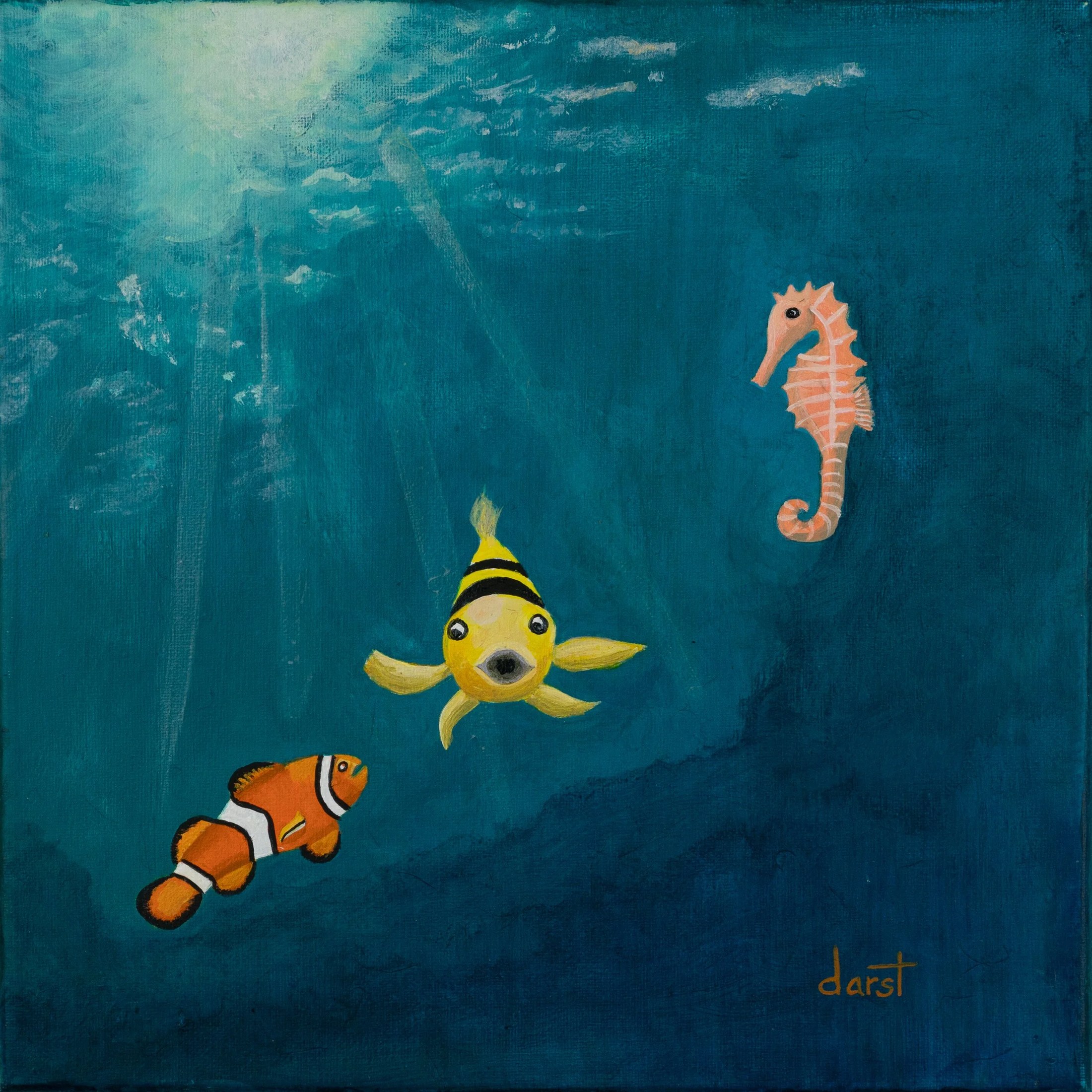 A painting of three cartoon sea animals: a clownfish, a yellow fish with black stripes, and a pink seahorse, swimming in the ocean with sunlight filtering through the water.