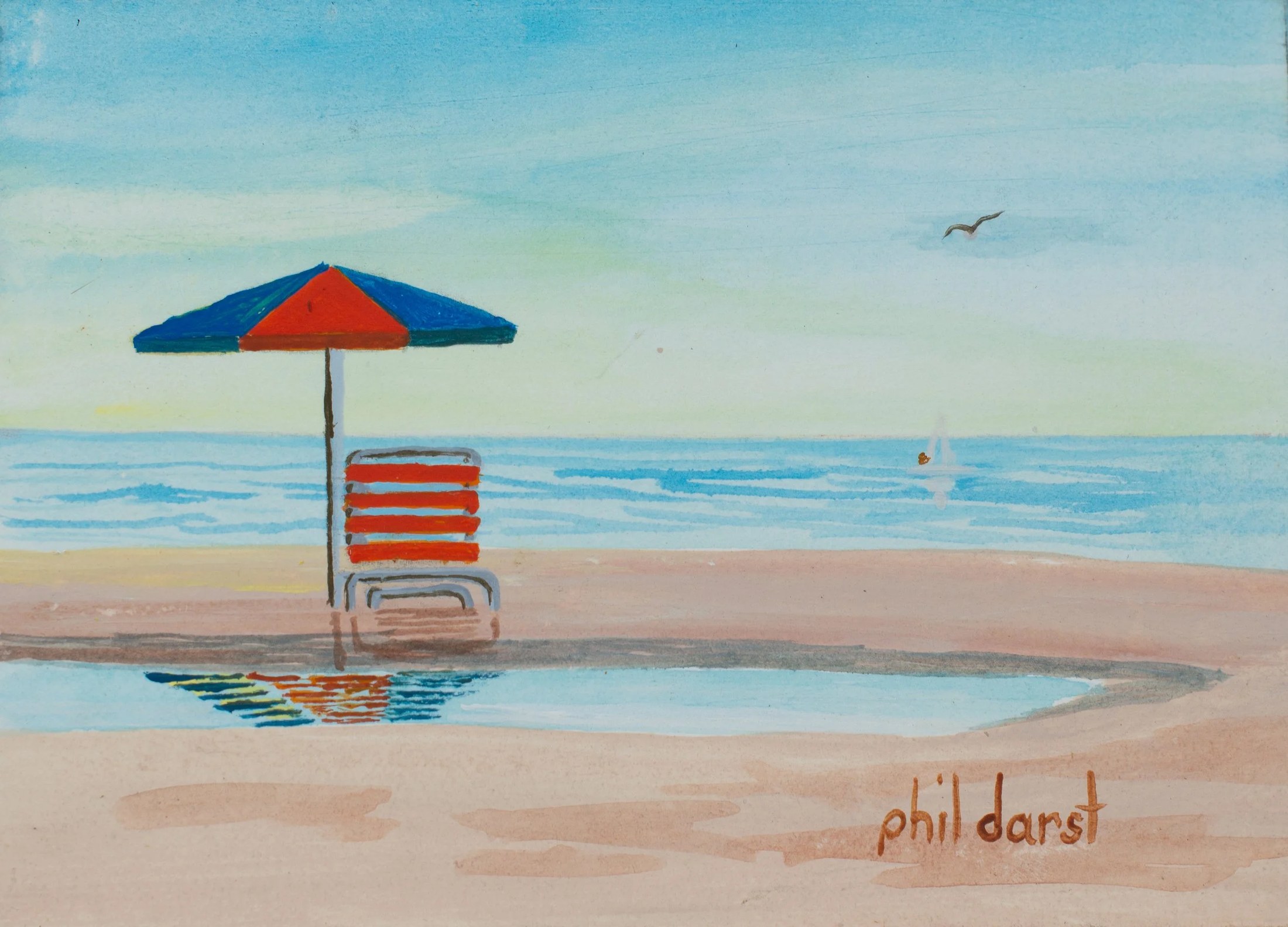 A painting of a beach scene with an orange and blue umbrella, an orange-striped beach chair, a calm ocean with sailboats, and seagulls in the sky. The artist's signature, 'phil darst,' is in the bottom right corner.