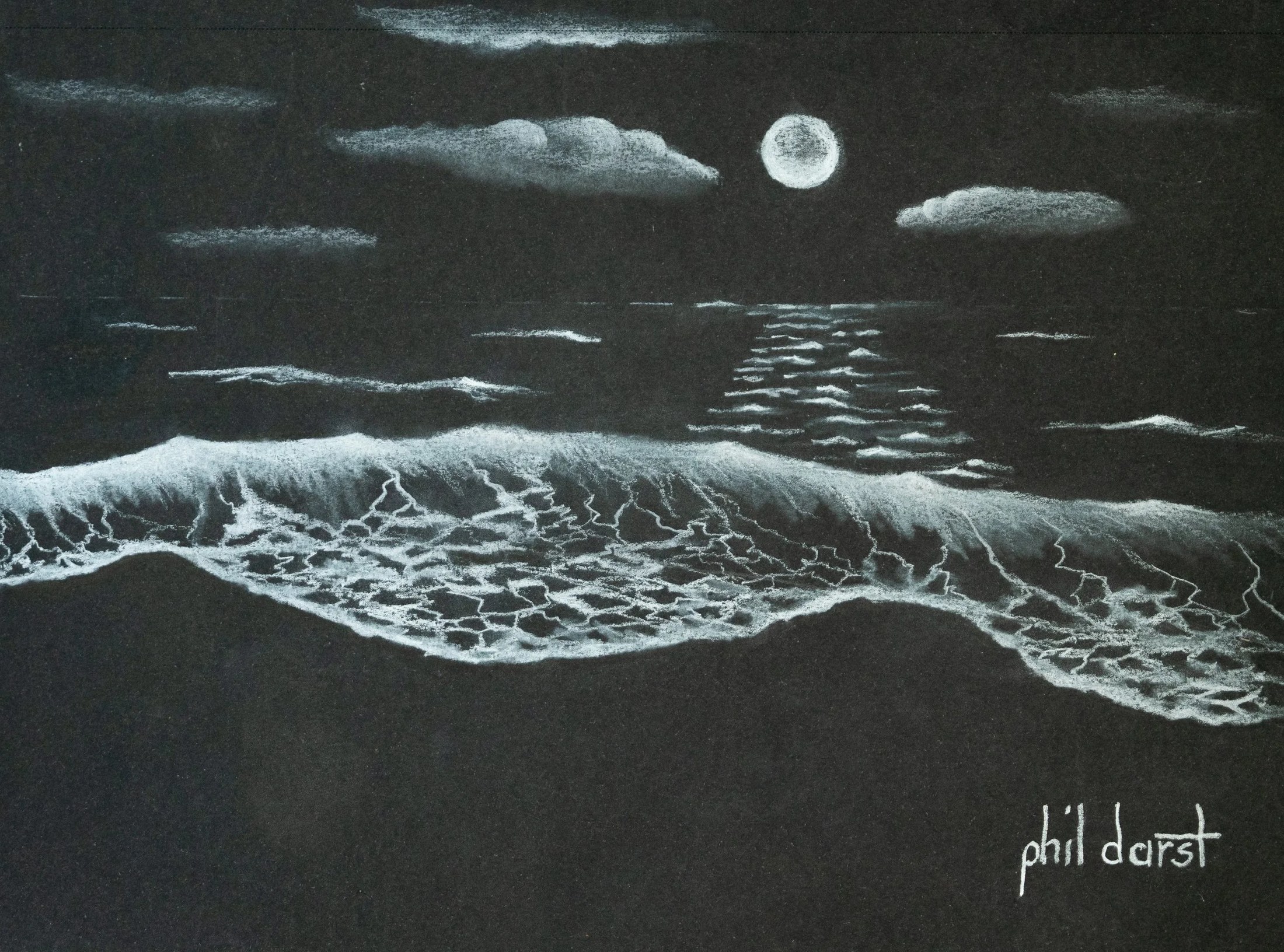A black and white pencil drawing of a moonlit ocean scene with waves, clouds, and a bright full moon in the sky, signed by Phil Darst.