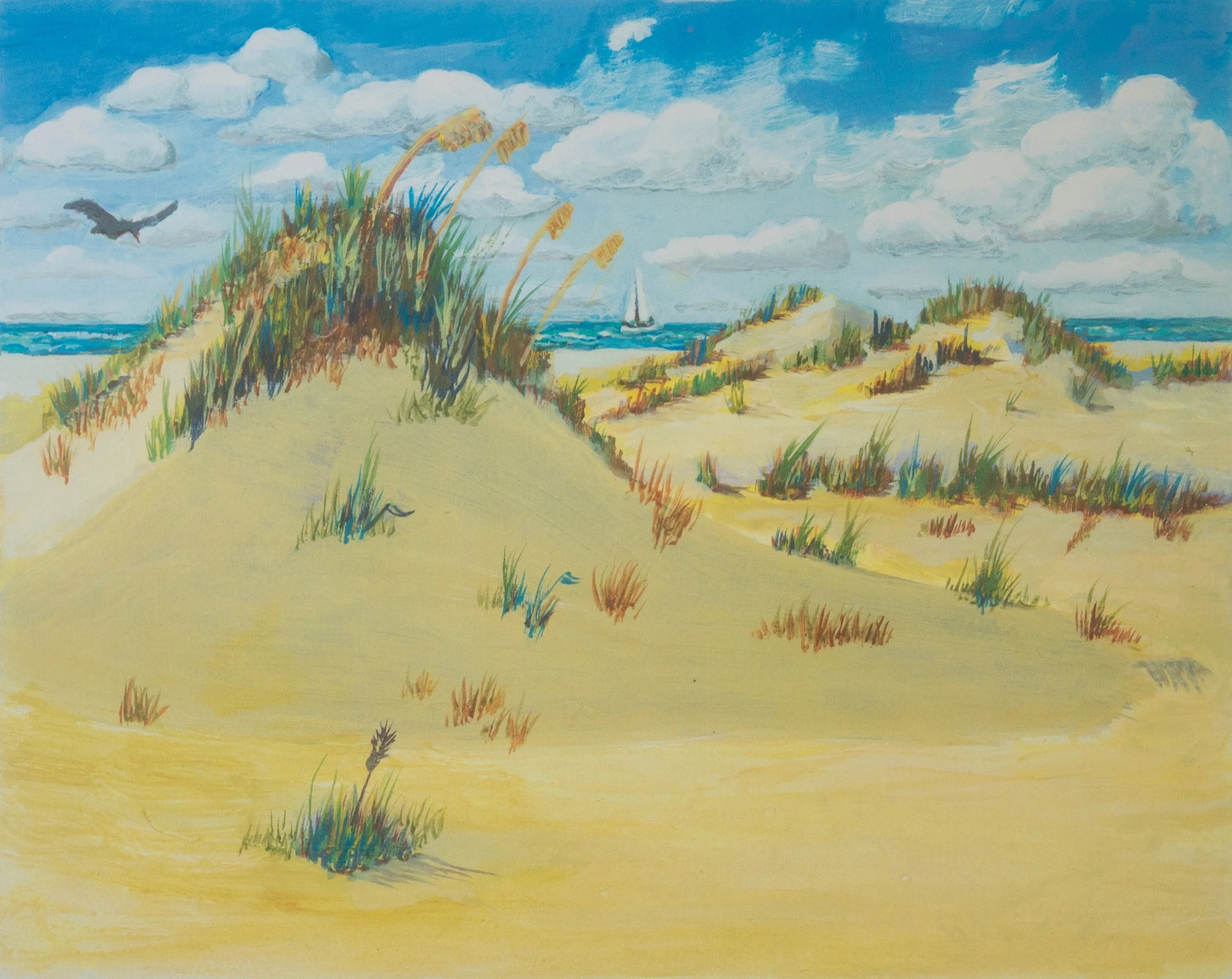 A painting of a beach landscape with sand dunes with grass peeking through the sand, a cloudy sky, and a seascape with a sailboat in the distance. There's a bird flying in the sky.