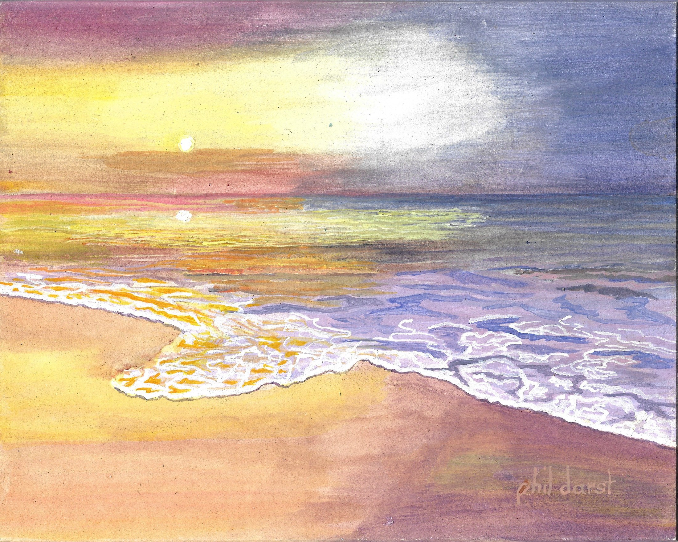 Watercolor painting of a beach at sunset, with the sun near the horizon, gentle waves washing onto the sandy shore, and a colorful sky with pink, yellow, and purple hues.