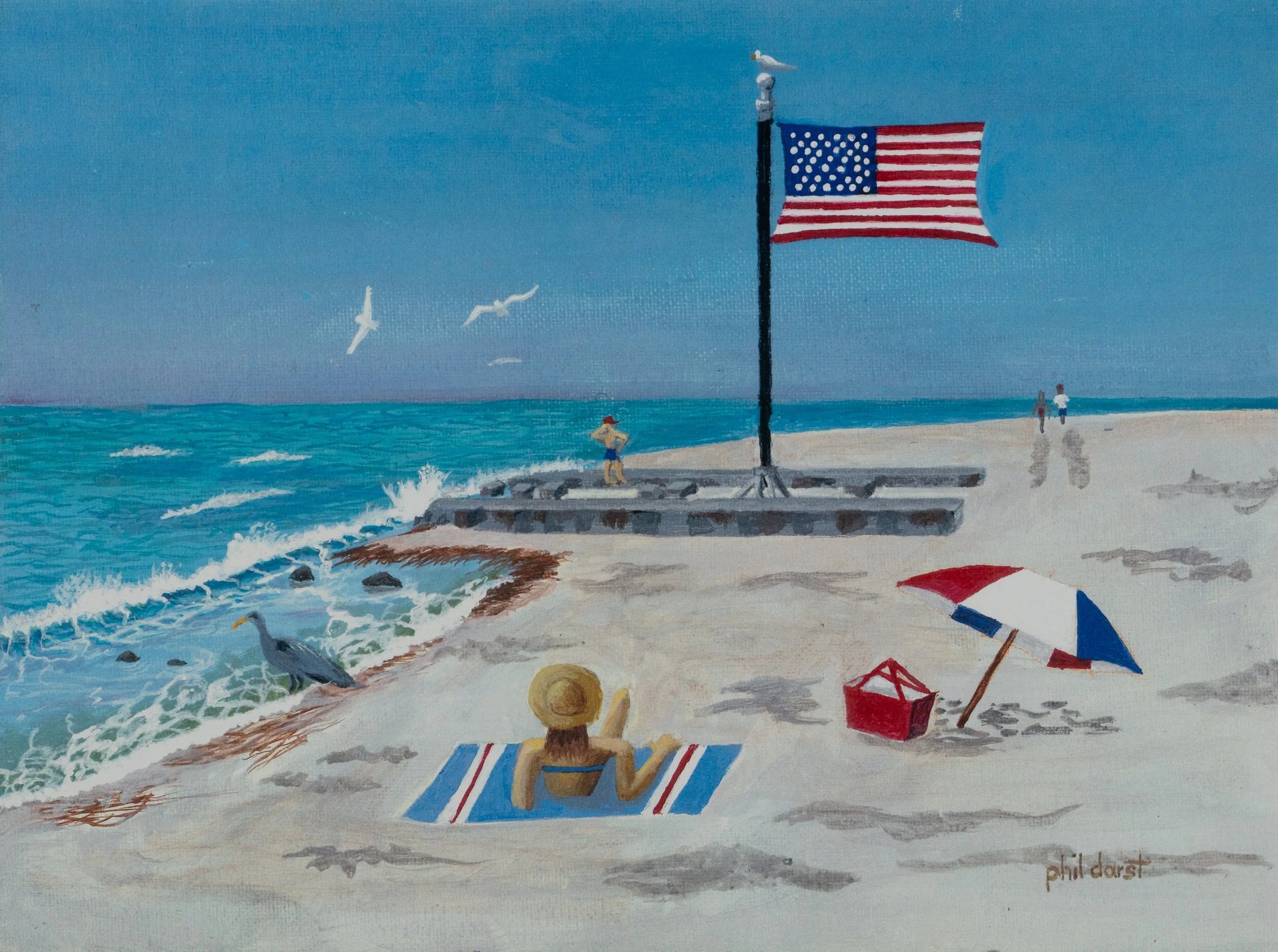 Beach scene with American flag on a pole, woman lying on a striped towel wearing a straw hat, red, white, and blue umbrella, seagulls flying, sea waves, and two people walking in the distance.