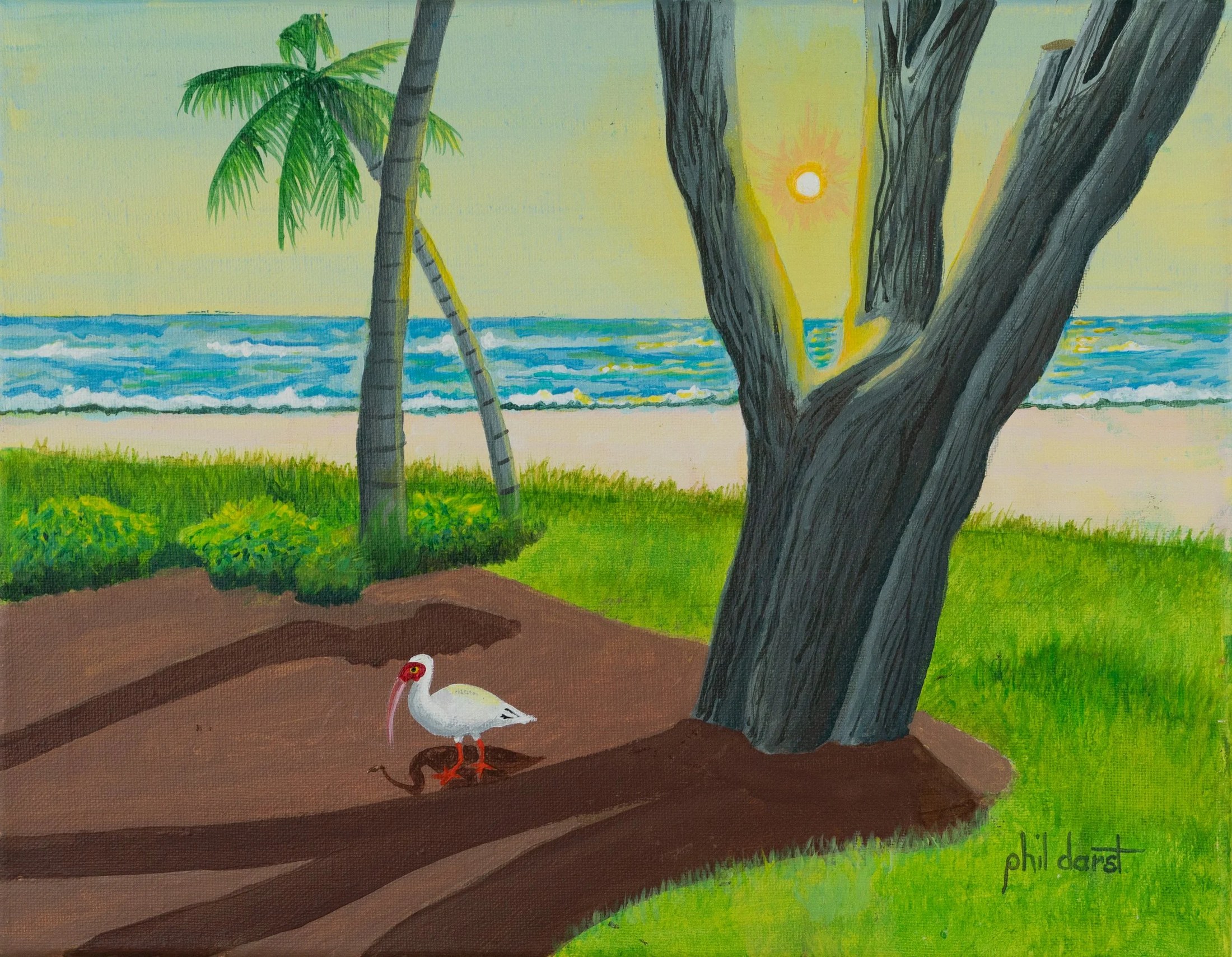 Painting of a tropical beach scene with two palm trees, a large tree, green grass, sandy ground, a white bird with a long pink beak, the ocean in the background, and a setting or rising sun.