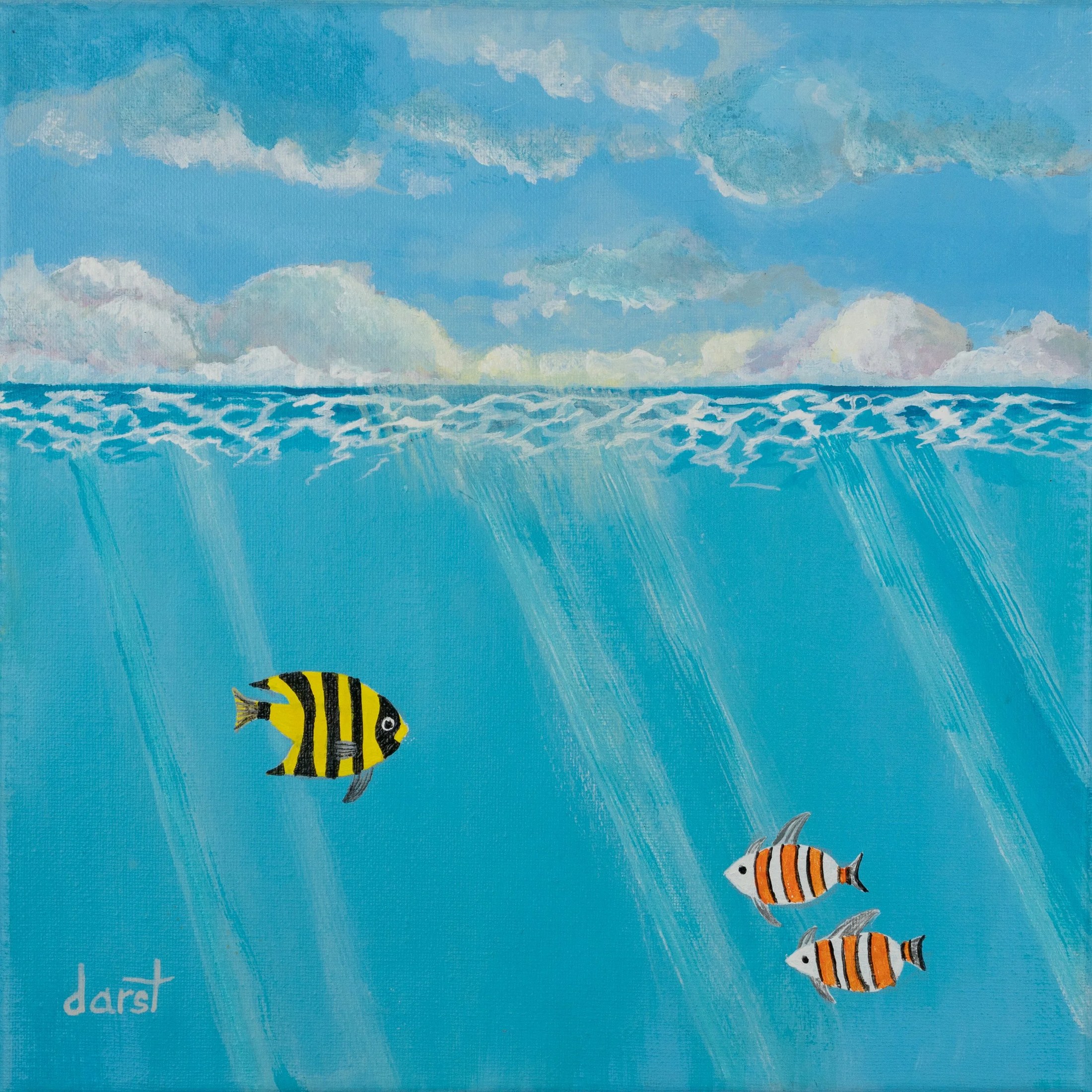 Painting of ocean waves with a partly cloudy sky above, featuring three striped fish, one yellow with black stripes and two orange with black stripes, swimming underwater.