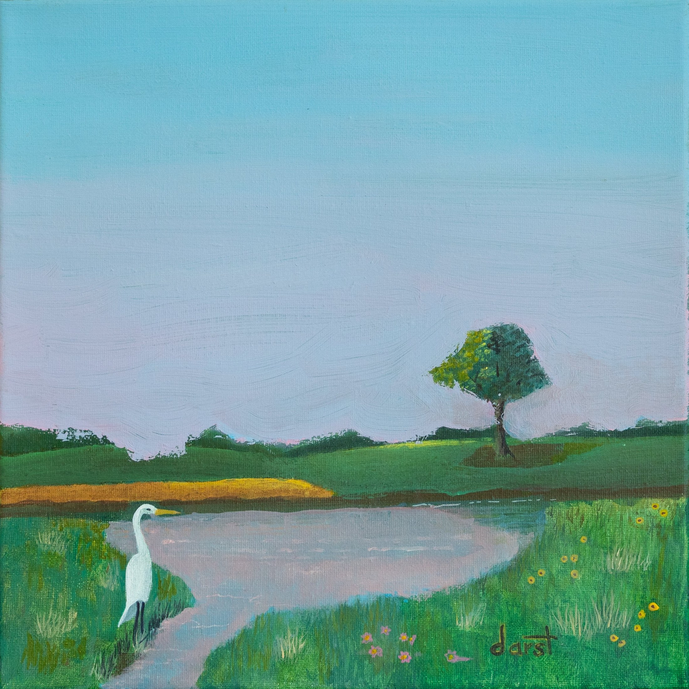 Painting of a peaceful landscape with a white heron standing near a pond, green grass and trees, and a clear sky.
