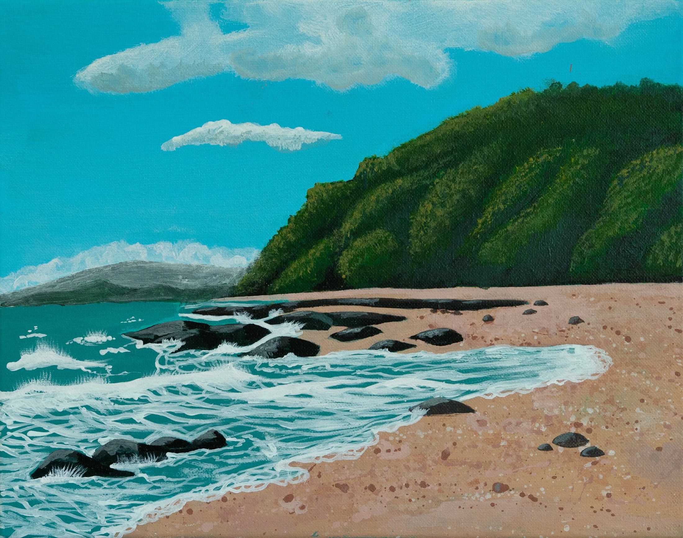 A painting of a beach scene with turquoise water, waves crashing on rocks, a sandy shore, and green hills in the background under a partly cloudy sky.