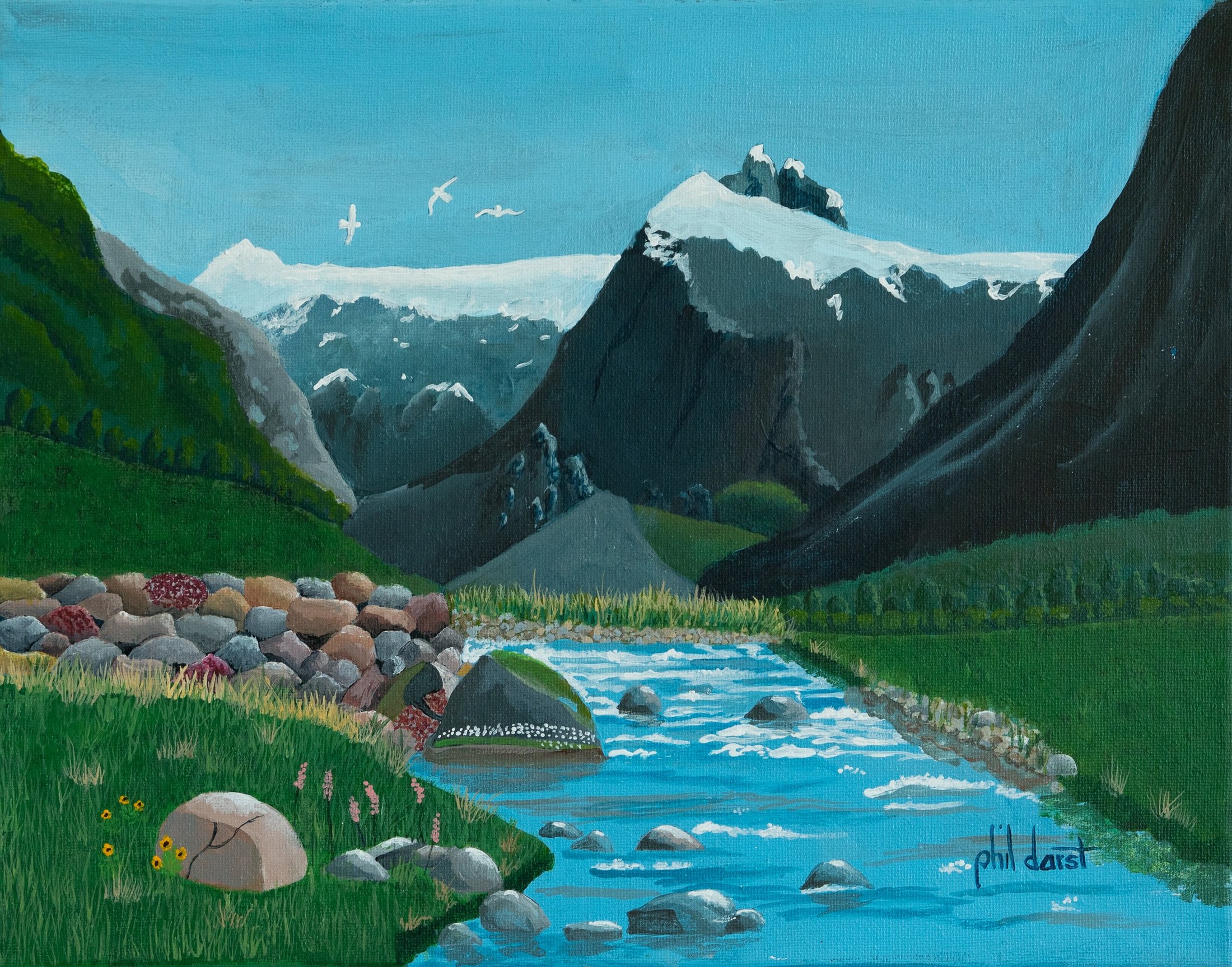 Painting of a mountain valley with a flowing river, green grassy banks with rocks, and snow-capped mountains in the background, with a few birds flying in the sky.