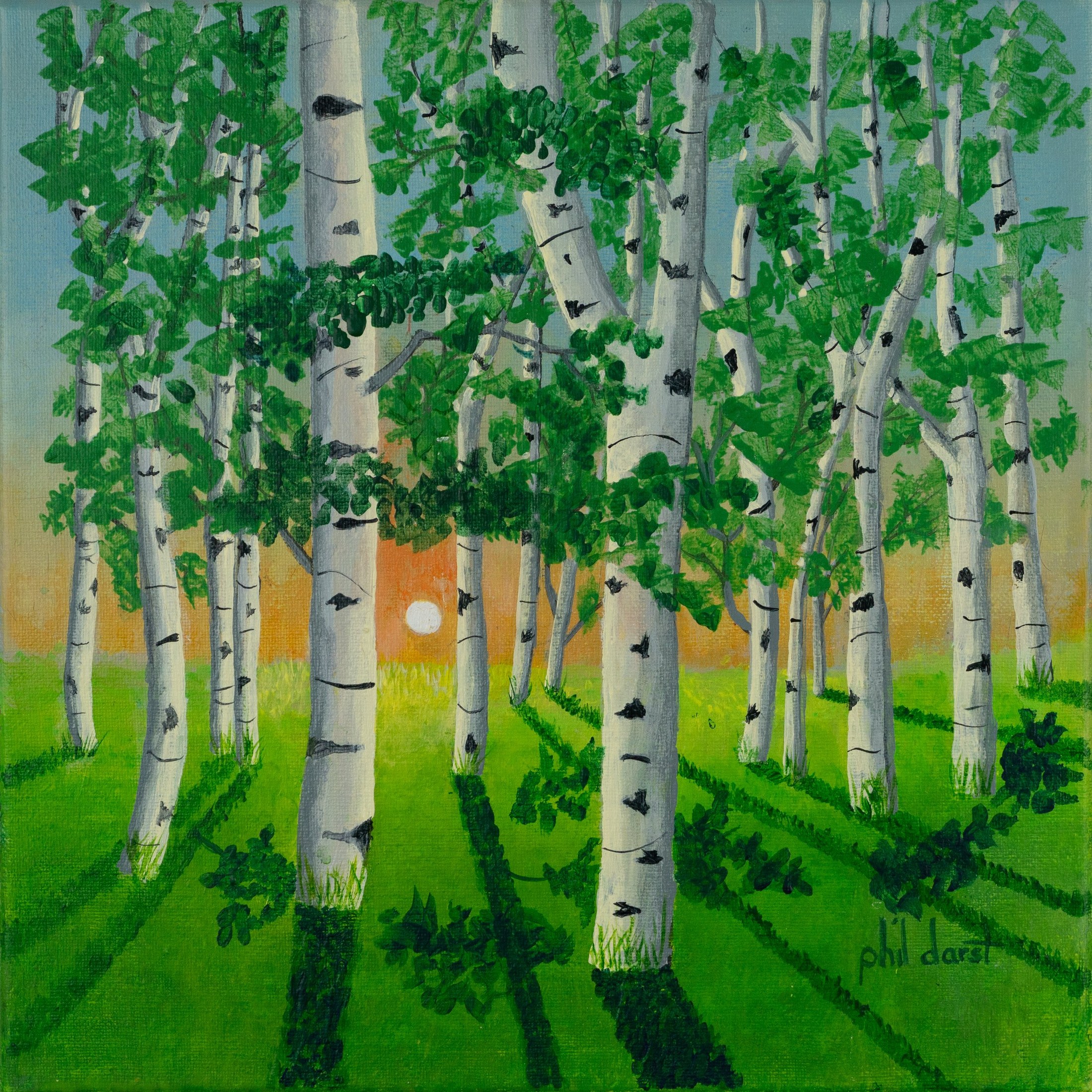 Painting of a birch forest at sunset with sunlight peeking through trees and shadows on green grass.