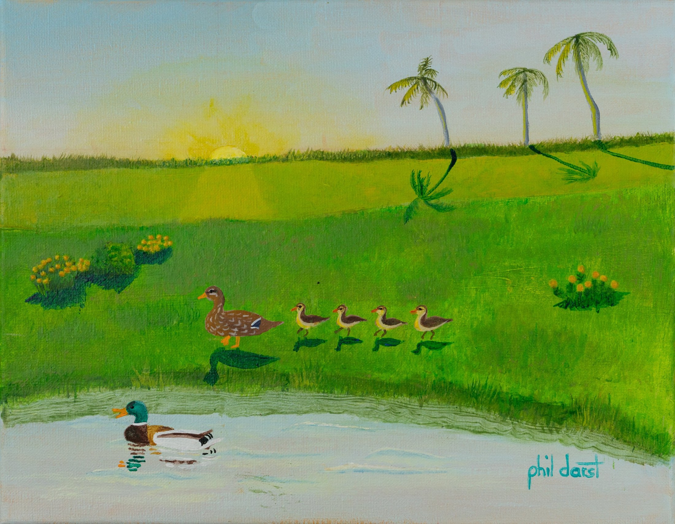 A colorful painting of a natural scene featuring a setting sun, green fields, palm trees, a pond with ducks, and flowers.