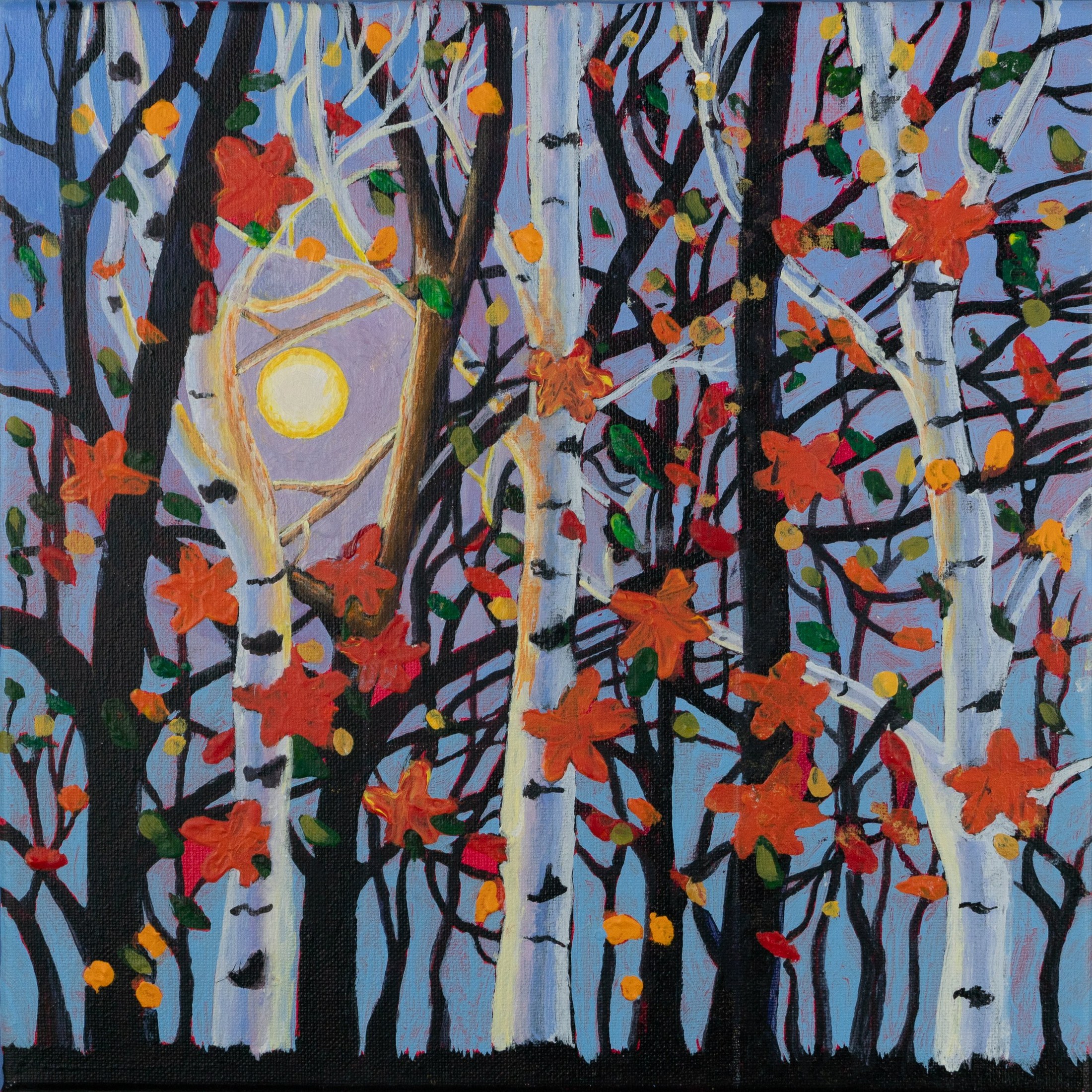 Painting of a forest with white, black, and dark brown tree trunks, orange and red leaves, and a full yellow moon in a light purple sky.