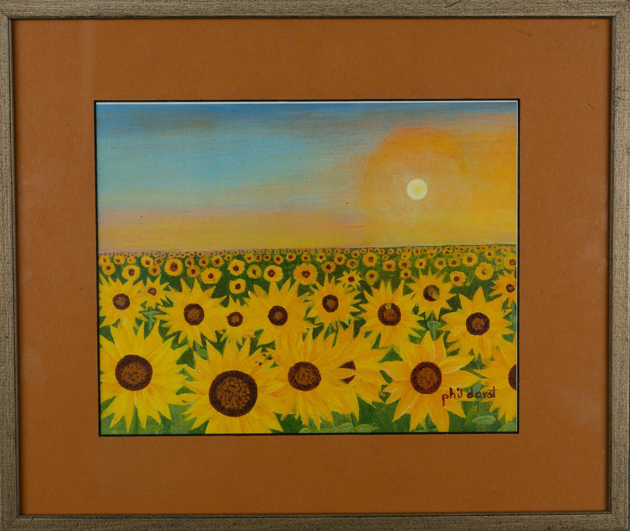 Painting of a sunflower field at sunset, signed by Phil Davist.