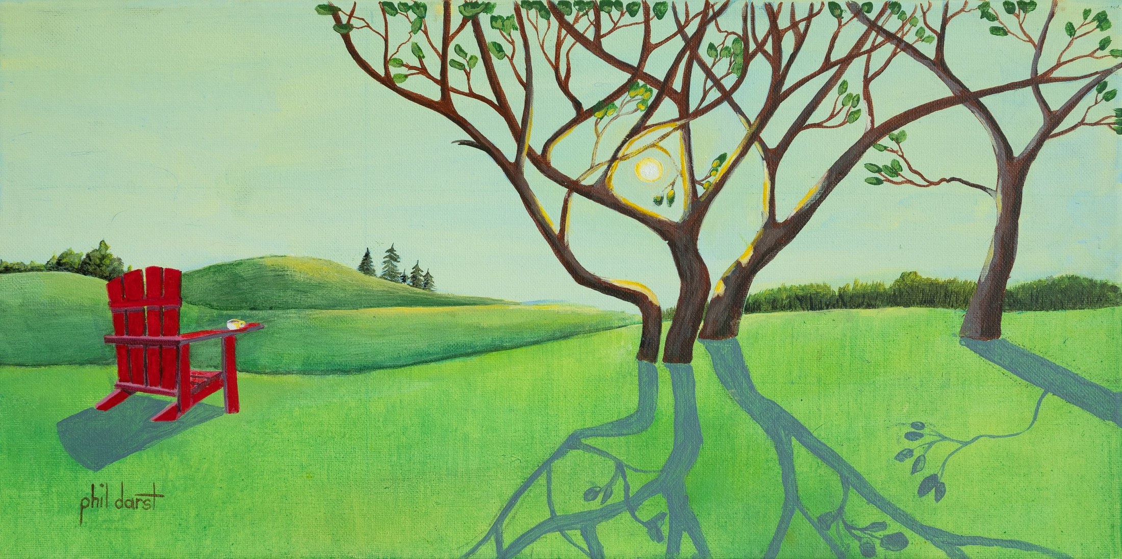 A landscape painting featuring a grassy field with a large tree and two smaller trees in the distance. A red Adirondack chair faces the viewer, and a small white bird is perched on the armrest. The sky is light blue with a yellow sun partially obscured by the tree branches. The painted style is simplistic with bold outlines and vibrant colors.