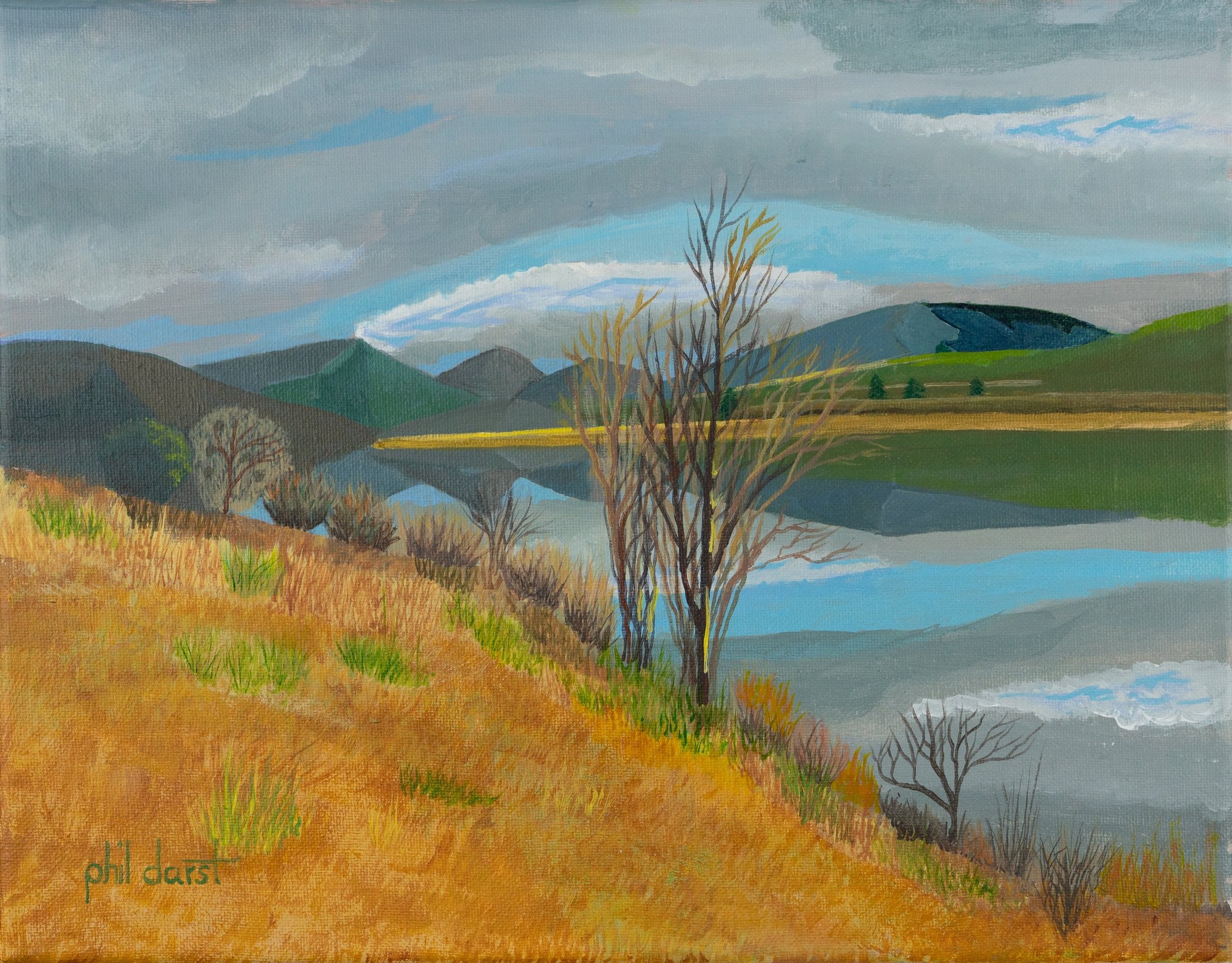 Landscape painting depicting mountains, a river, and trees on a cloudy day, with the artist's signature 'phil darst' in the bottom left corner.