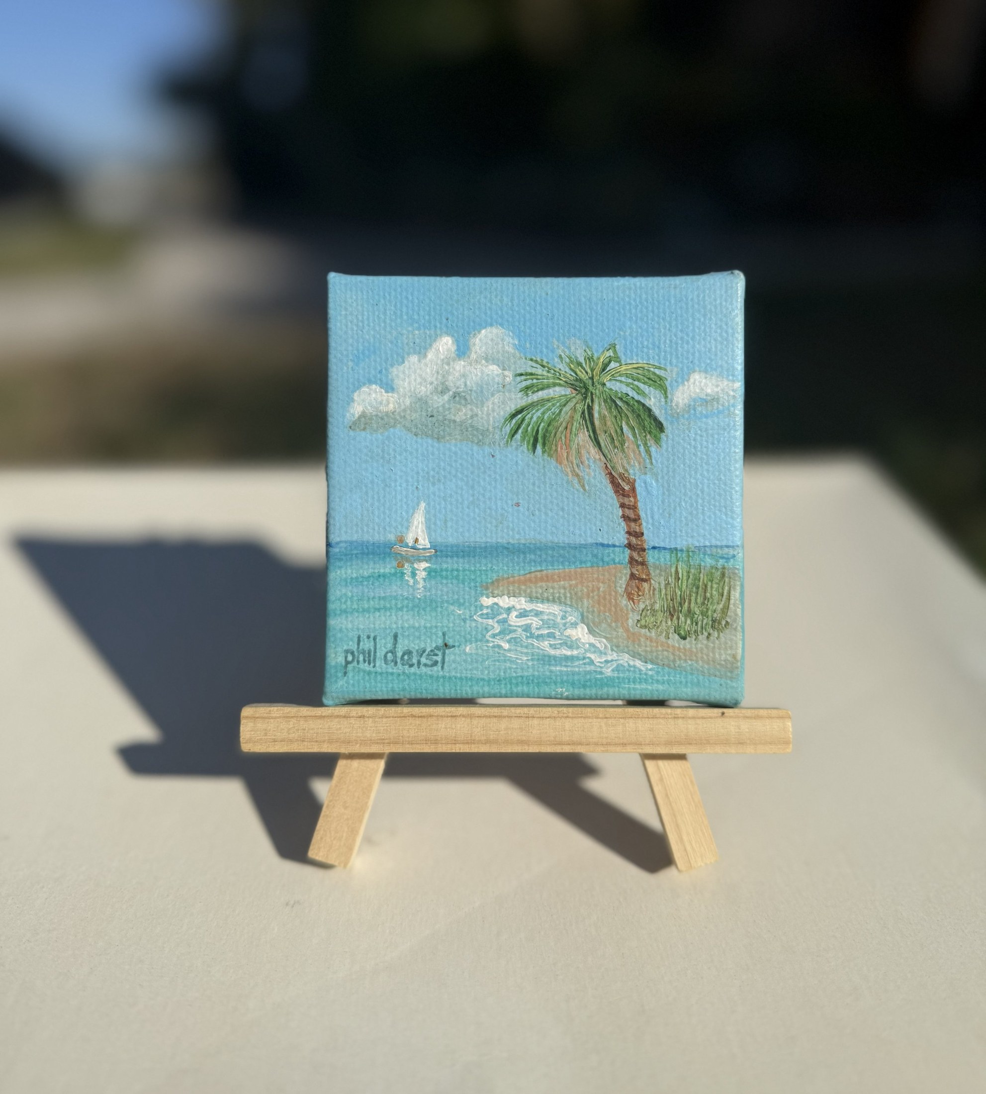 3 x 3" Original Hand-Painted Island & Sail Boat Artwork — Phil Darst Art