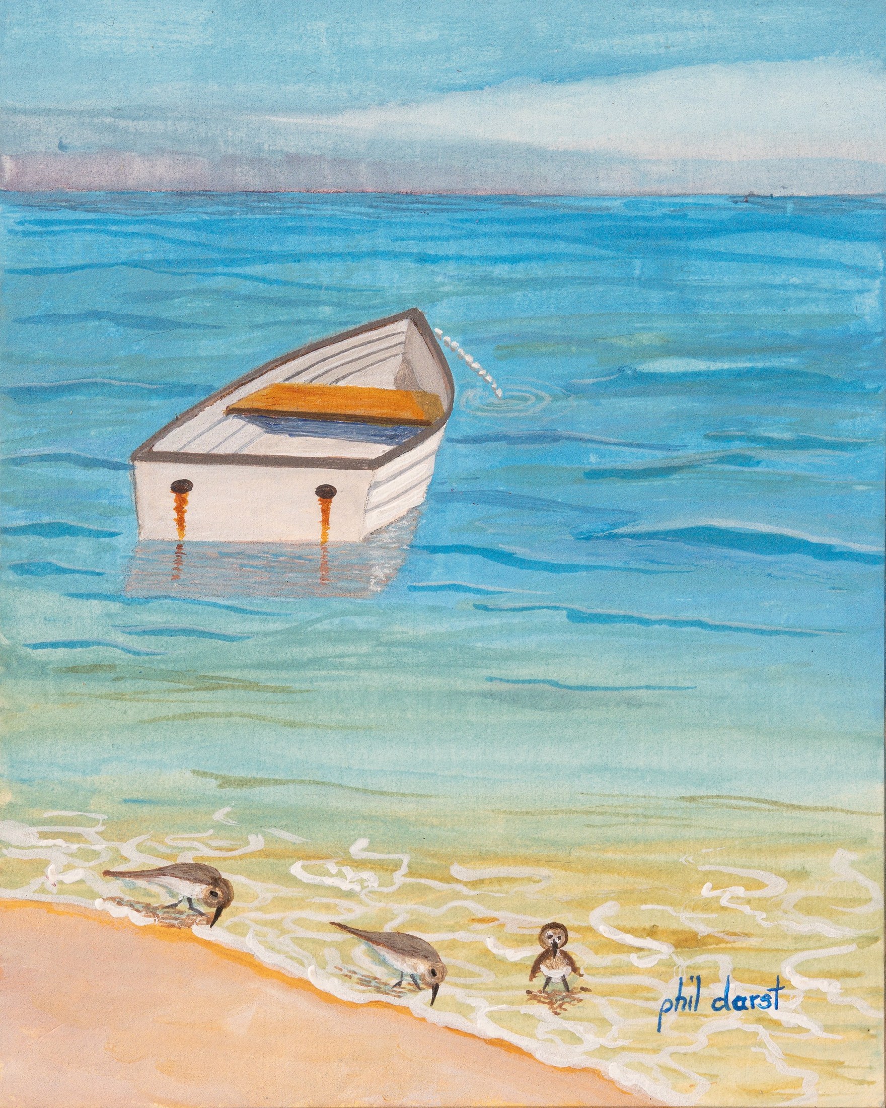 Drifting Boat and Three Sandpipers on Siesta Key Beach - Art Print — Phil Darst Art