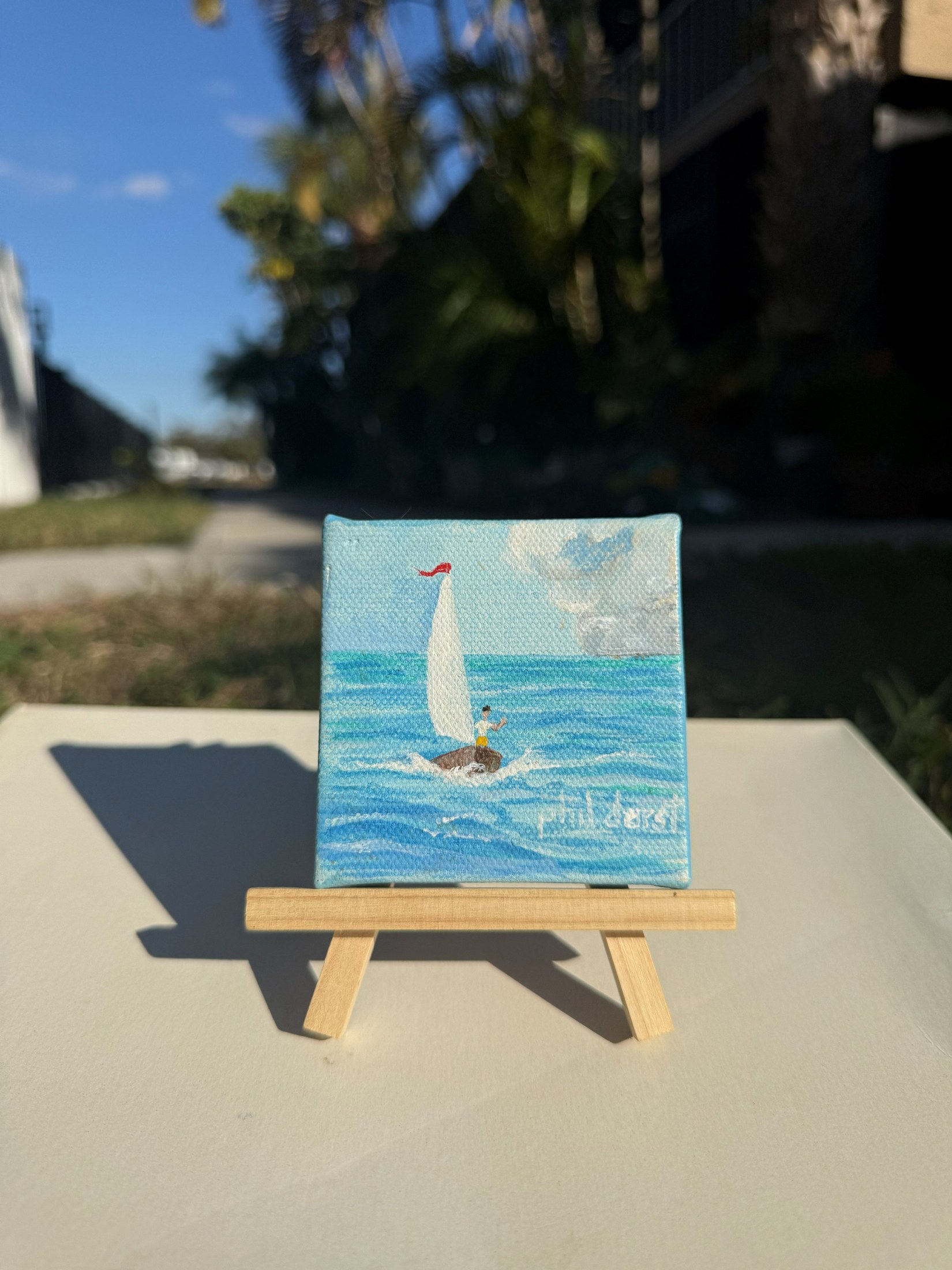 3 x 3" Original Hand-Painted Seascape with Sail Boat Artwork — Phil Darst Art
