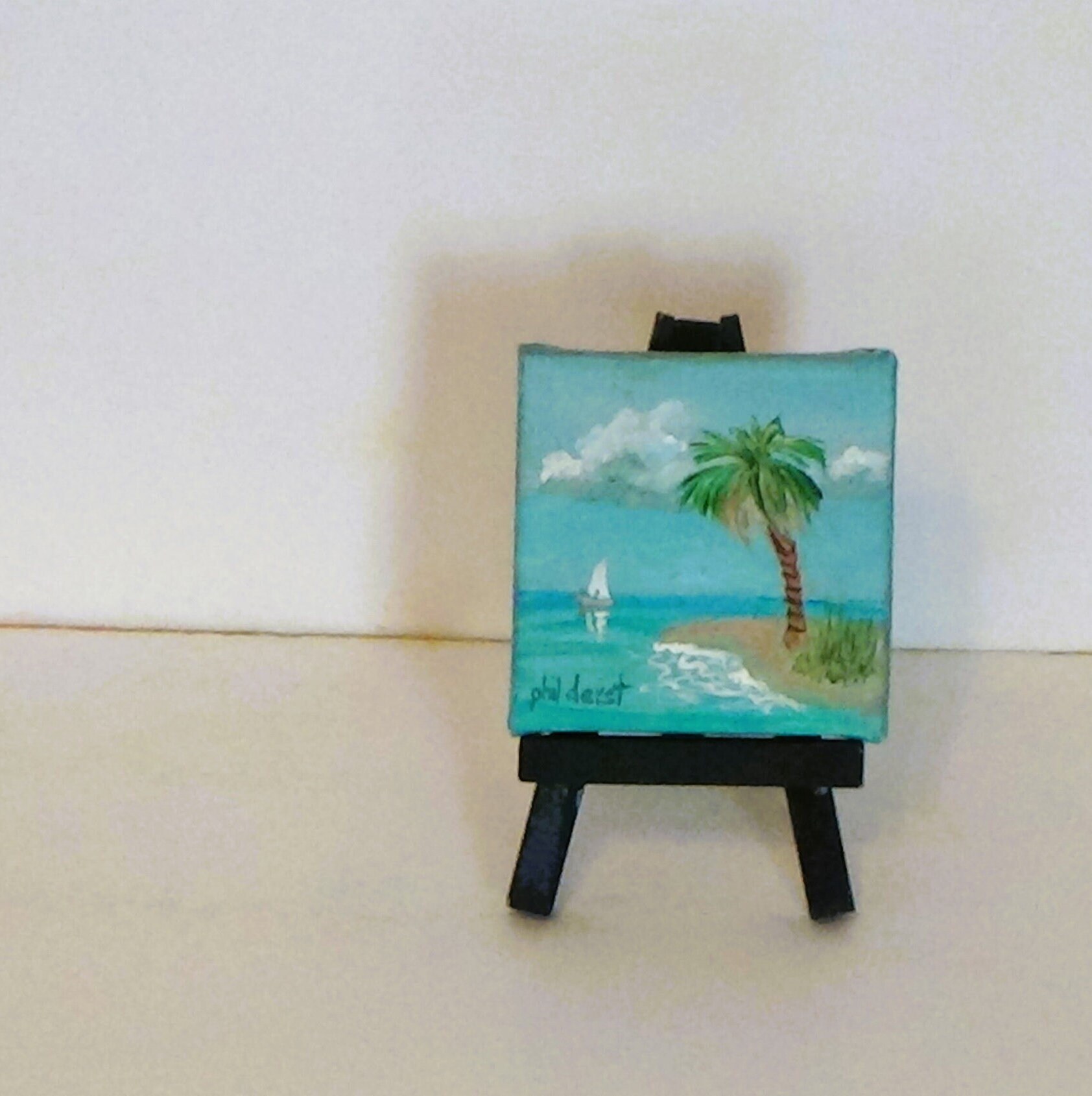 Palm tree on a tropical island, original acrylic painting - with easel.
