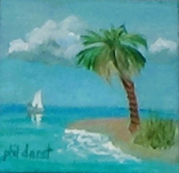 Palm tree on a tropical island, original acrylic painting - with easel., view 2